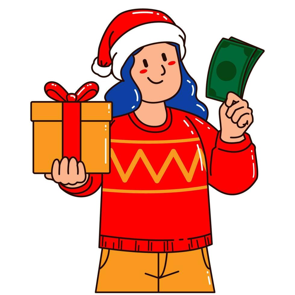 mujer en un Papa Noel claus sombrero participación un regalo caja y dinero vector