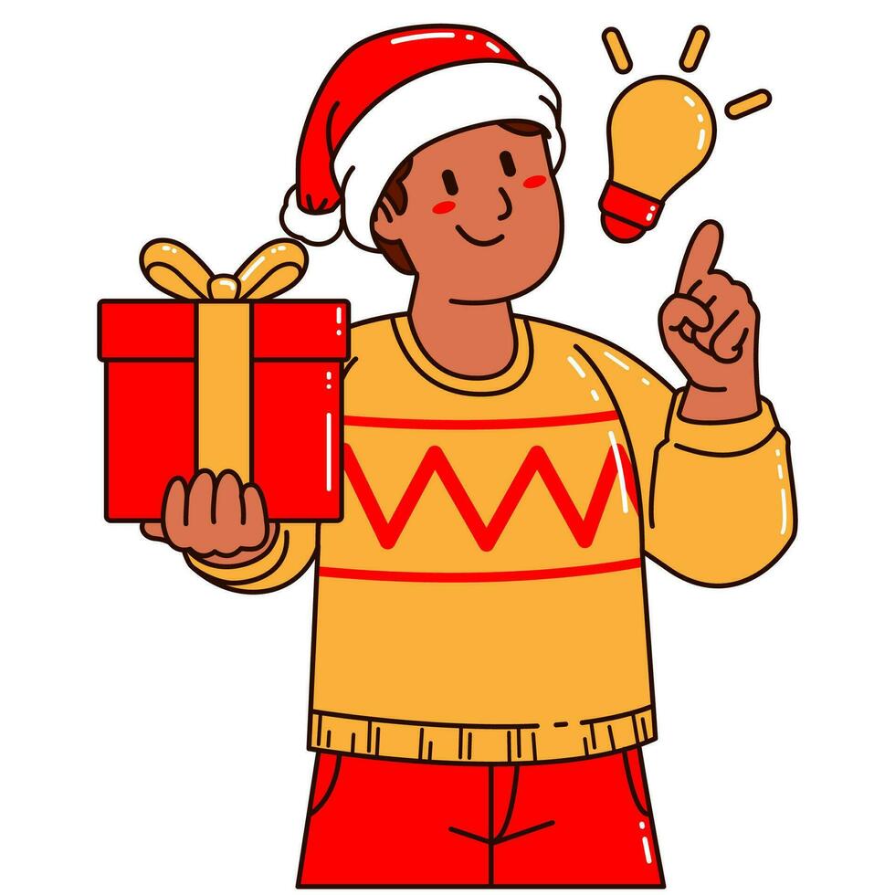 Boy in a Santa Claus hat holding a gift box and light blub vector