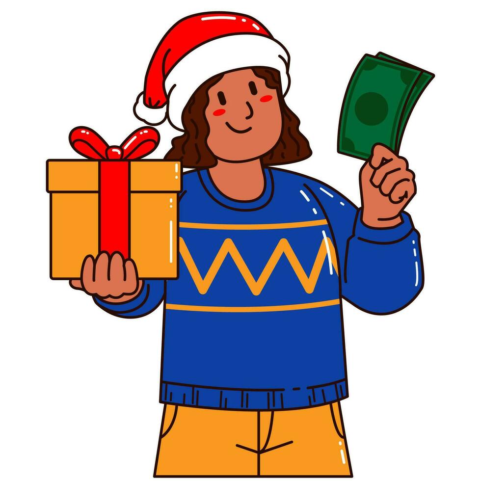 niña en un Papa Noel claus sombrero participación un regalo caja y dinero vector