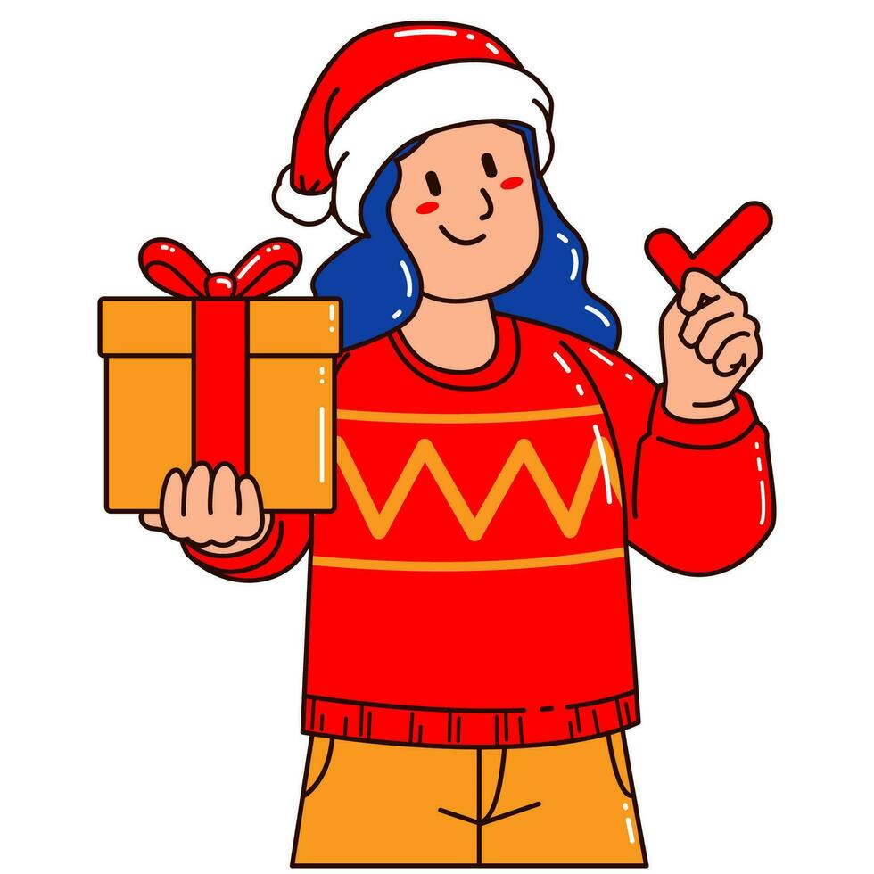 Woman in a Santa Claus hat holding a gift box and check mark vector
