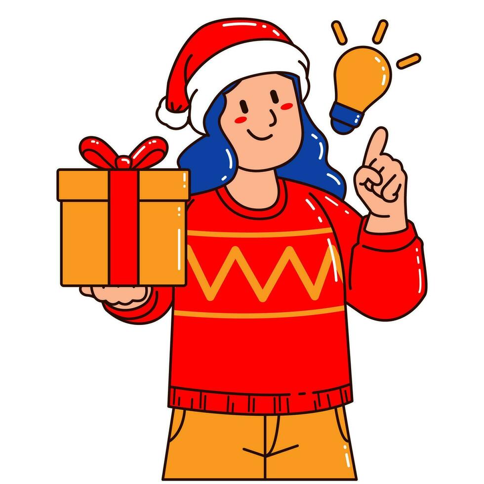 Woman in a Santa Claus hat holding a gift box with lightblub vector