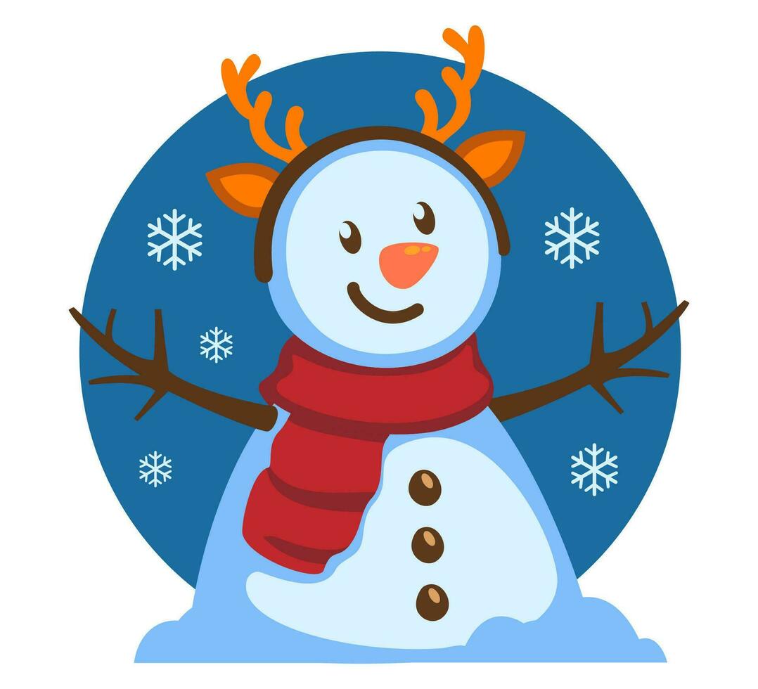 Snowman and snowflakes on a blue background with Reindeer Antler Headband vector