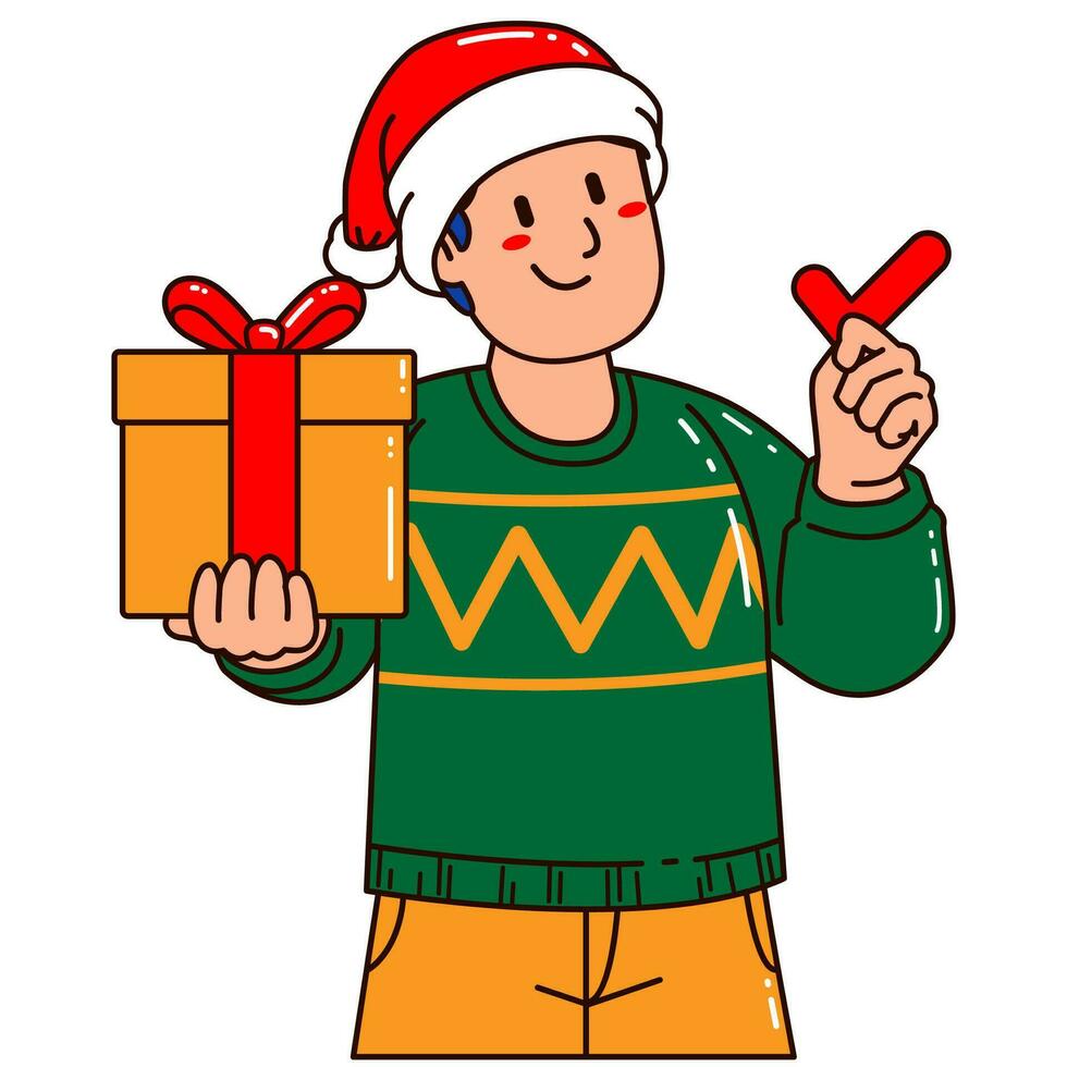 Man in a Santa Claus hat holding a gift box vector