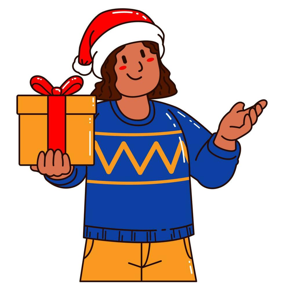niña en un Papa Noel claus sombrero participación un regalo caja vector