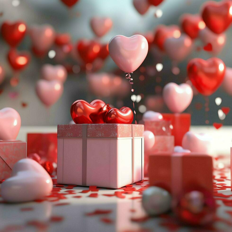 Happy valentine's day concept with red gift box and heart  shaped balloons romantic banner love concept by AI Generated photo