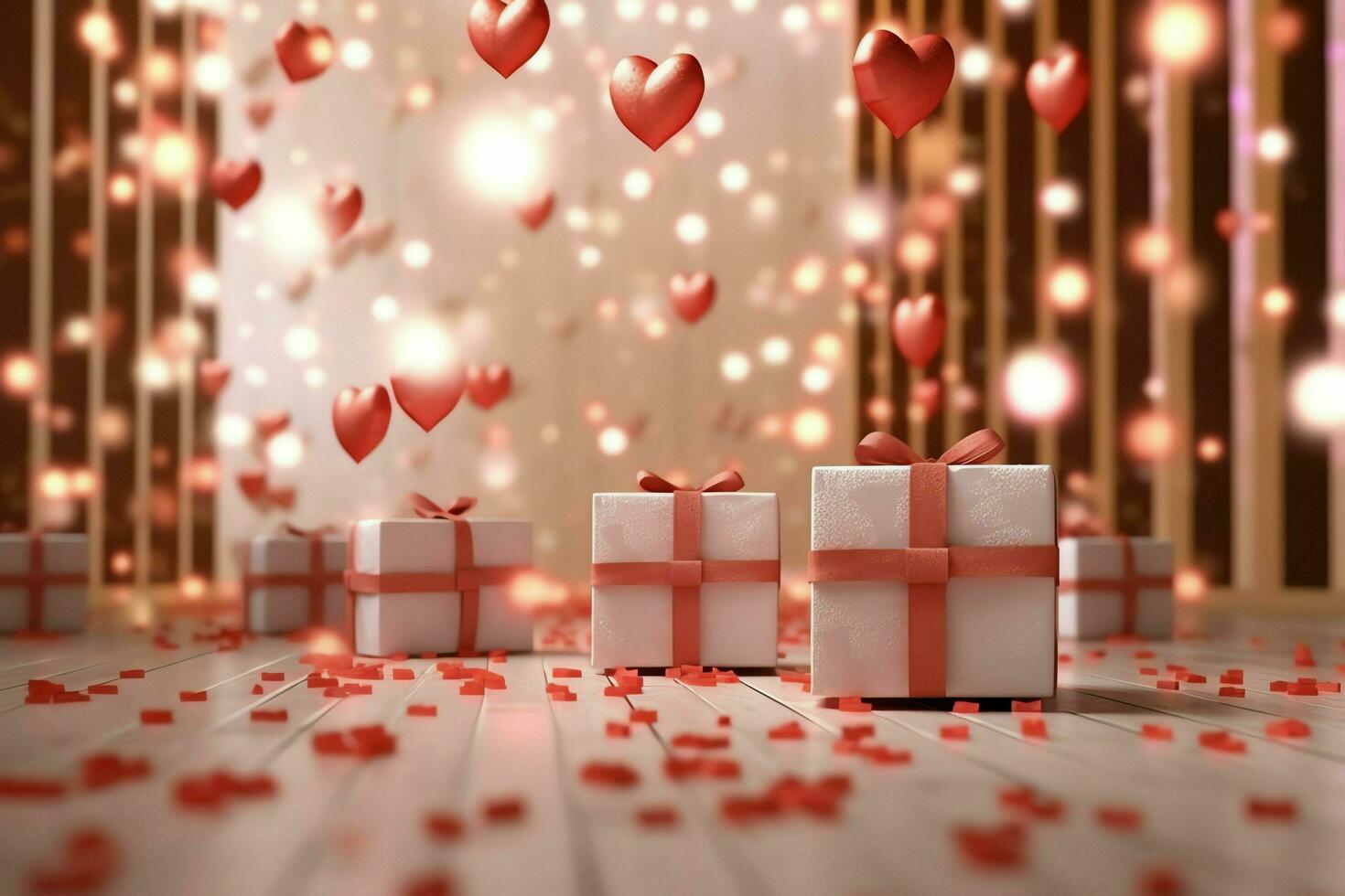 Happy valentine's day concept with red gift box and heart  shaped balloons romantic banner love concept by AI Generated photo