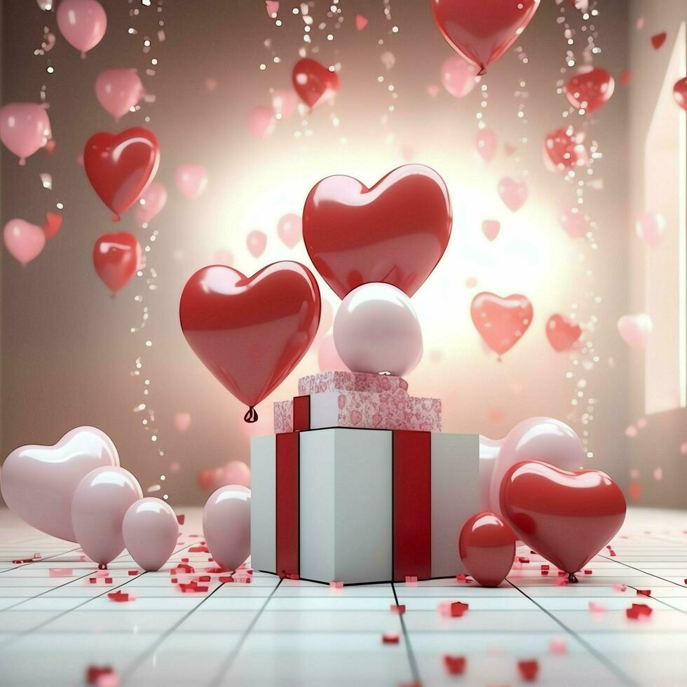 Happy valentine's day concept with red gift box and heart  shaped balloons romantic banner love concept by AI Generated photo