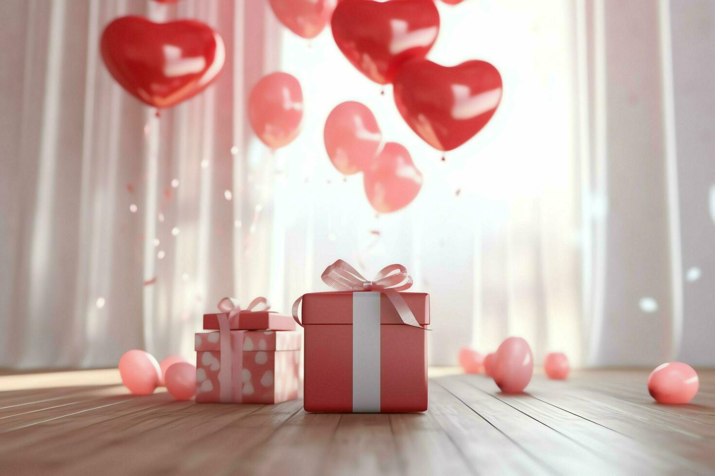 Happy valentine's day concept with red gift box and heart  shaped balloons romantic banner love concept by AI Generated photo