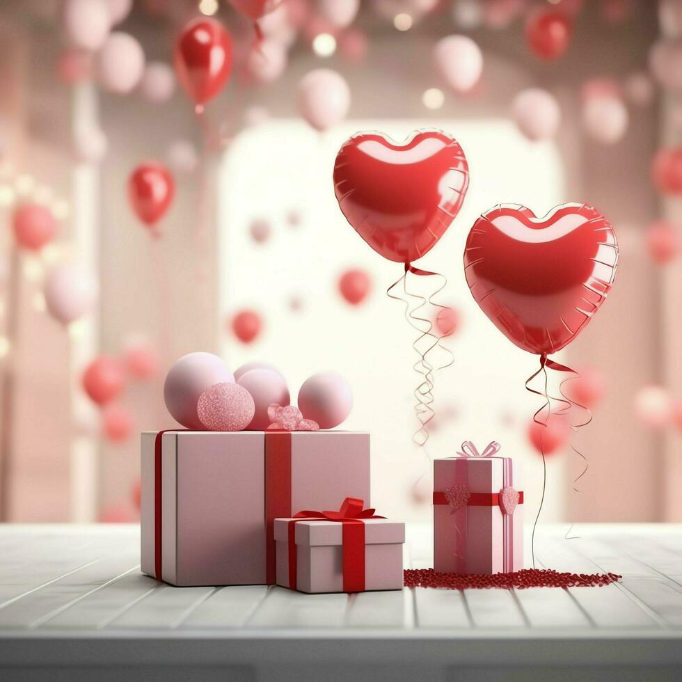 Happy valentine's day concept with red gift box and heart  shaped balloons romantic banner love concept by AI Generated photo