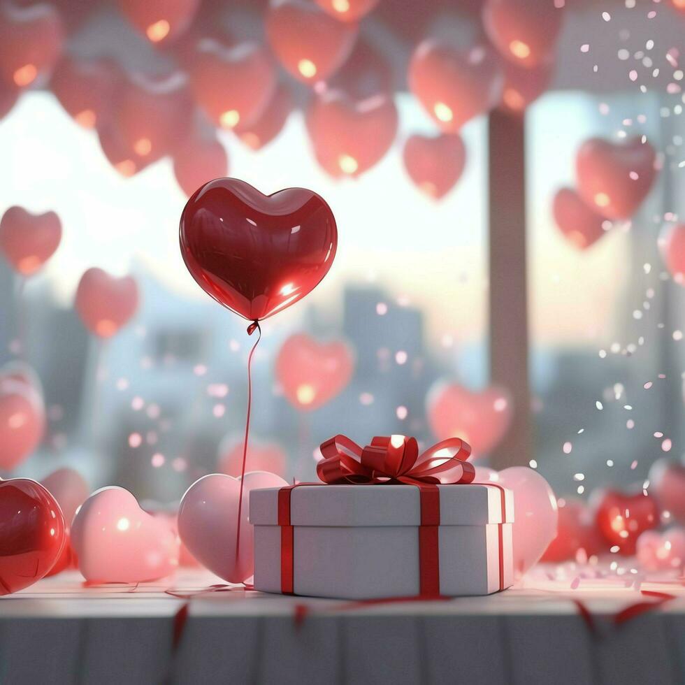 Happy valentine's day concept with red gift box and heart  shaped balloons romantic banner love concept by AI Generated photo