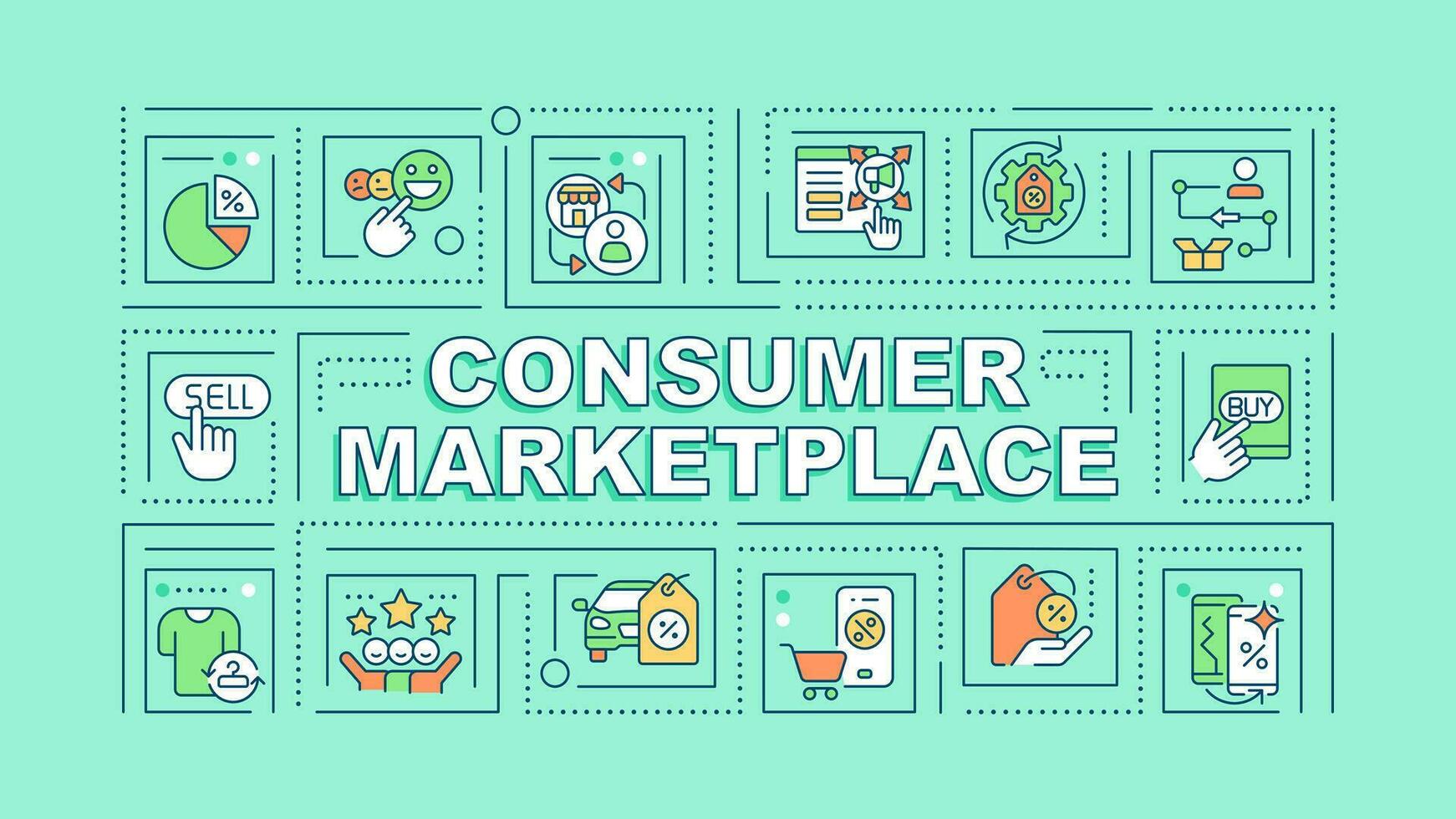 Consumer marketplace text with various thin line icons concept on green monochromatic background, editable 2D vector illustration.