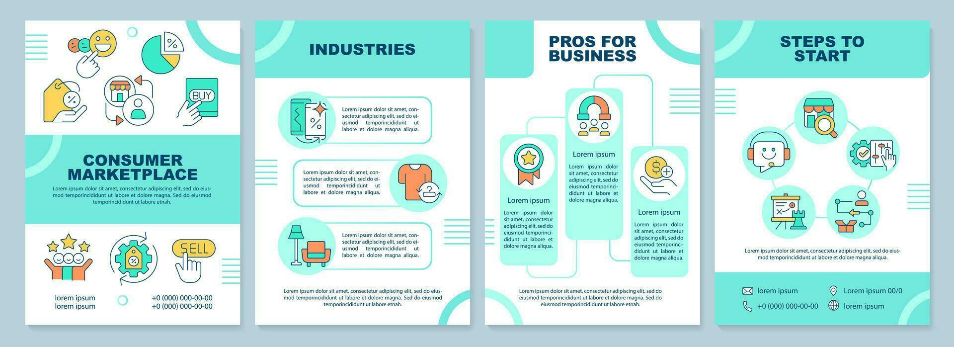 2D consumer marketplace blue brochure template, leaflet design with thin line icons, 4 vector layouts.