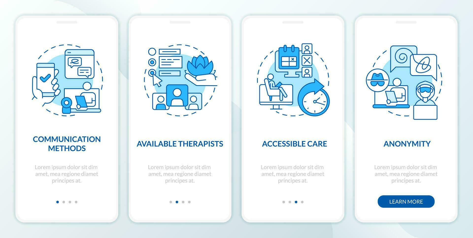 2D icons representing online therapy mobile app screen set. Walkthrough 4 steps blue graphic instructions with thin line icons concept, UI, UX, GUI template. vector