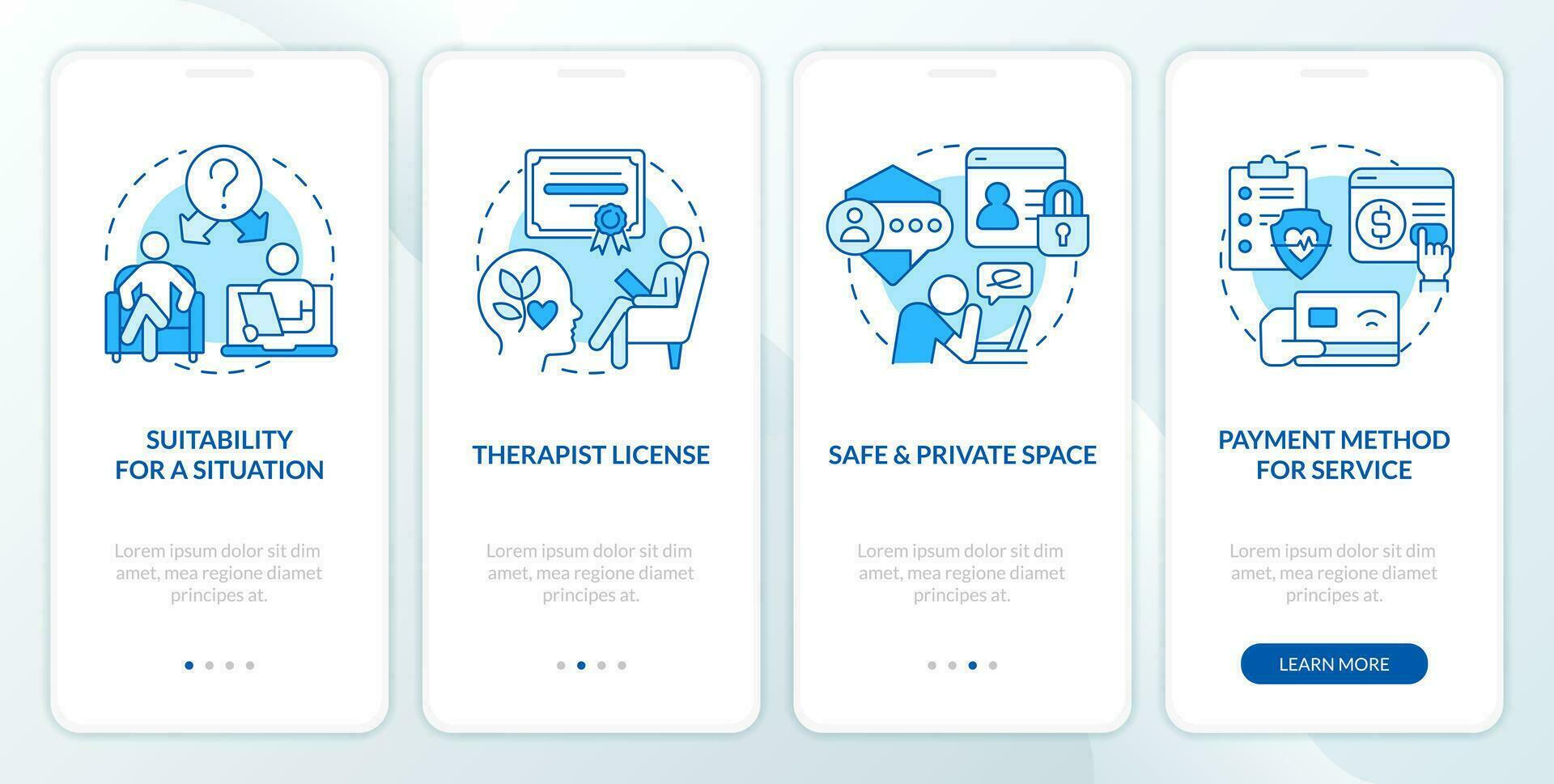 2D icons representing online therapy mobile app screen set. Walkthrough 4 steps blue graphic instructions with linear icons concept, UI, UX, GUI template. vector