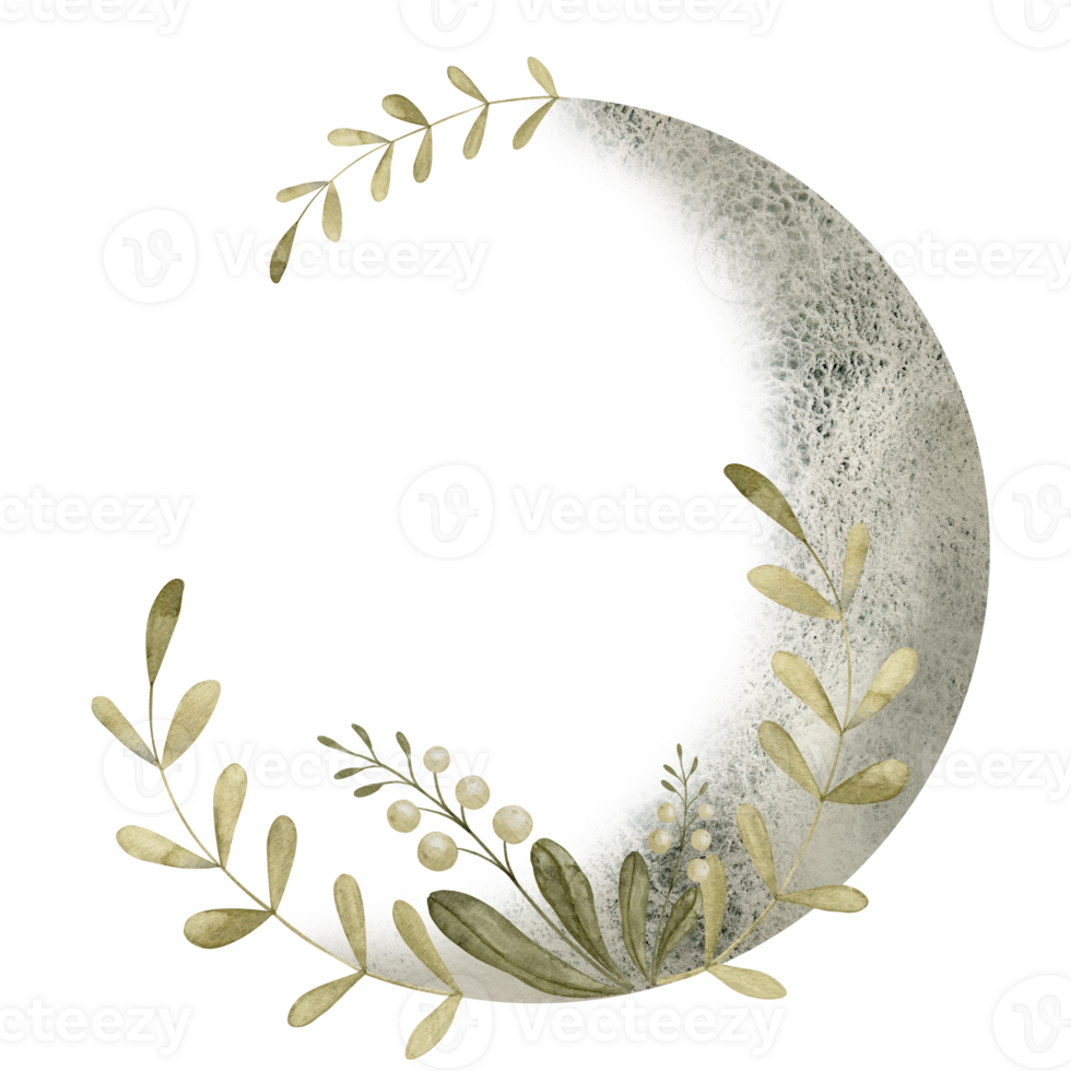 Botanical Moon on isolated background. Watercolor illustration of Luna with leaves. Hand drawn celestial Wreath. Drawing of the round frame border with space for text. Sketch of the lunar phase png