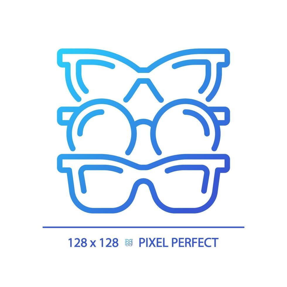 2D pixel perfect gradient various eyeglasses icon, isolated vector, thin line illustration representing eye care. vector