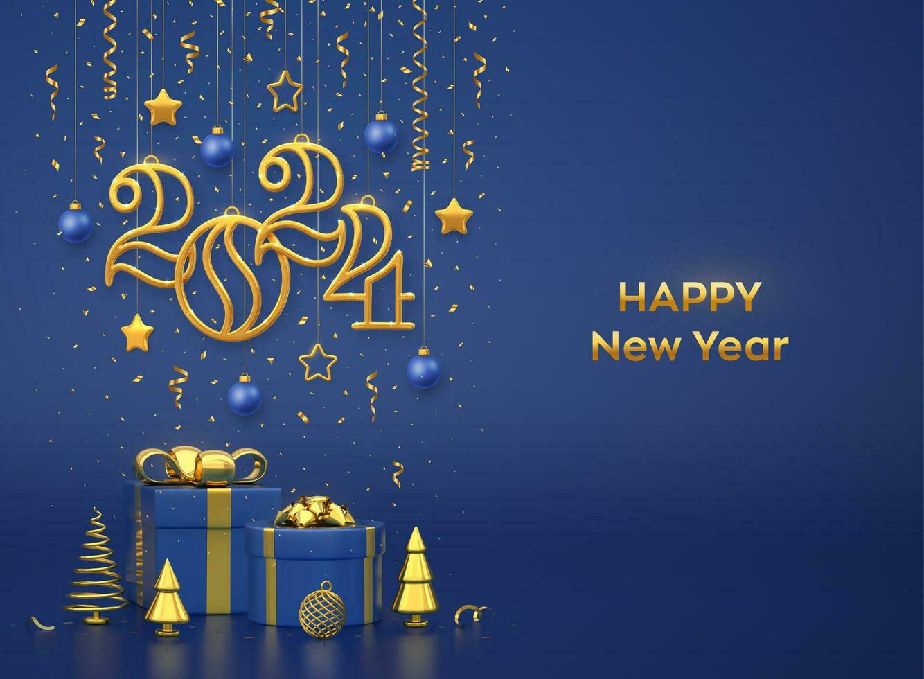 Happy New 2024 Year. Hanging golden metallic numbers 2024 with stars, balls and confetti on blue background. Gift boxes and golden metallic pine or fir, cone shape spruce trees. Vector illustration.