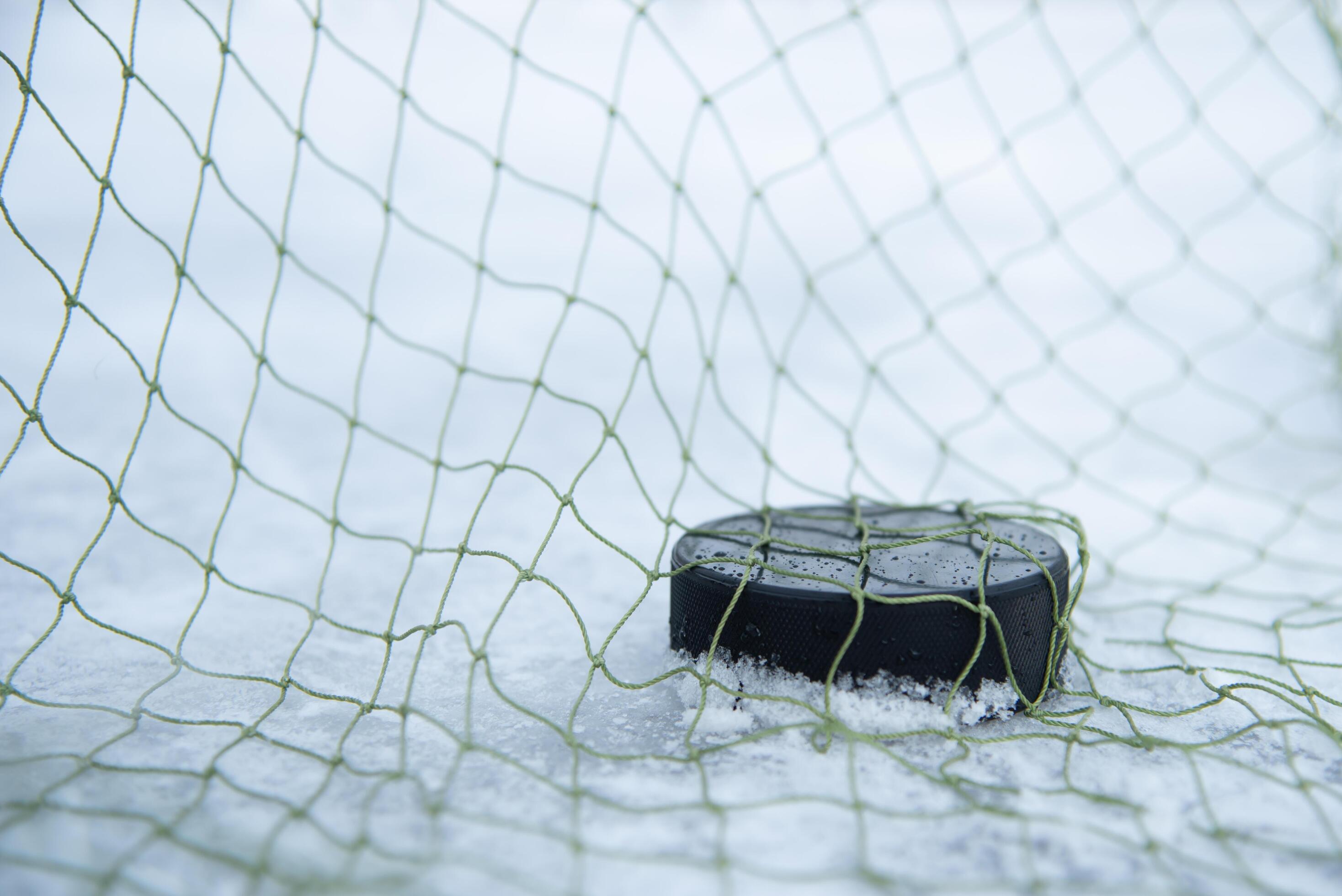 hockey puck in the goal net closeup 35413104 Stock Photo at Vecteezy
