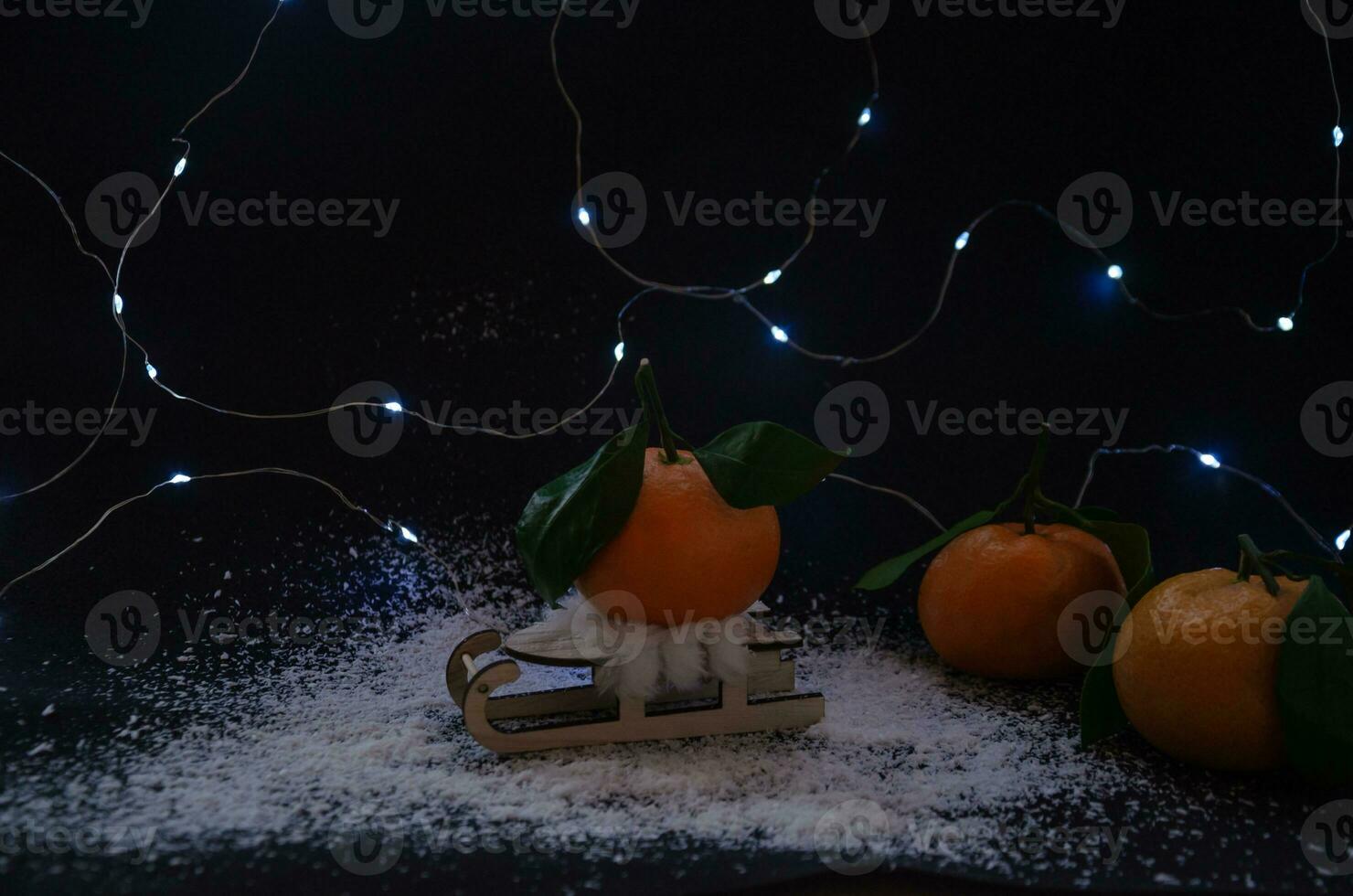 Composition of tangerines on a sled in the snow on a dark background with lights. High quality photo