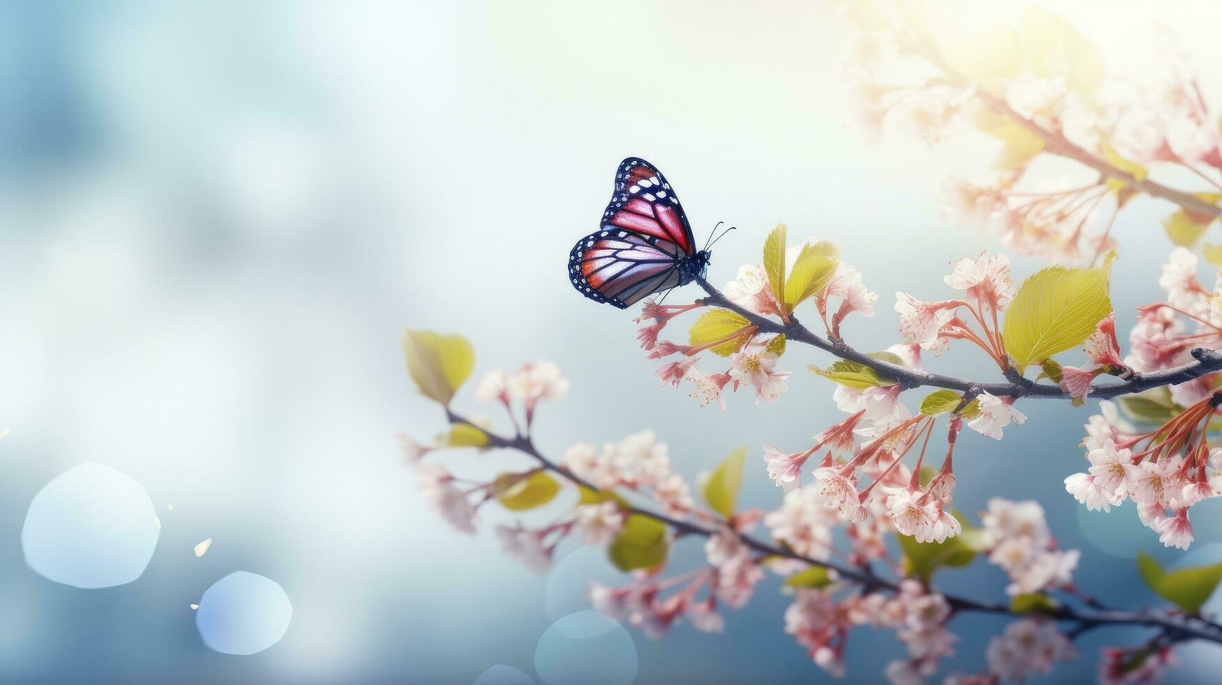 AI generated Abstract Nature Spring Background with Flowers and Butterflies. photo
