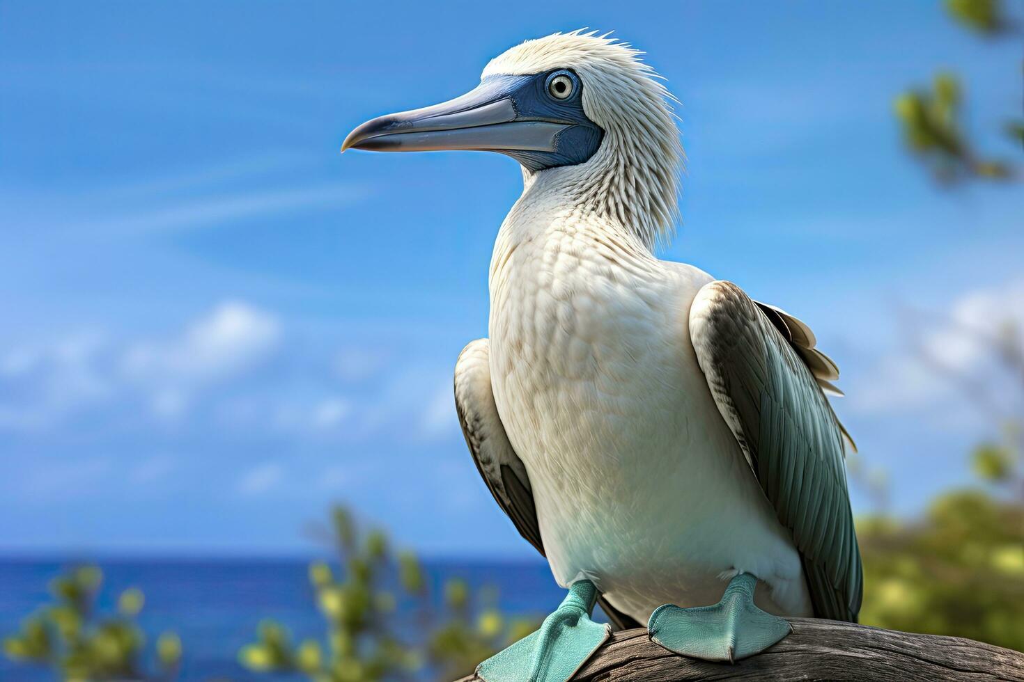 AI generated The rare blue-footed booby rests on the beach. AI Generated photo