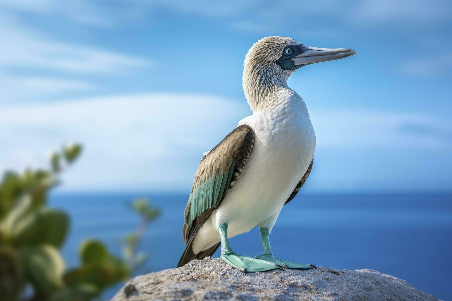 AI generated The rare blue-footed booby rests on the beach. AI Generated photo