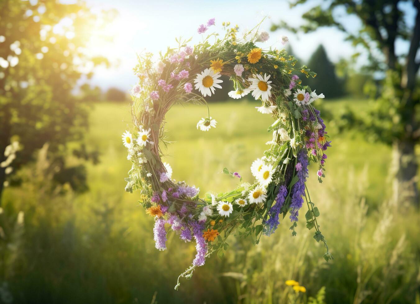 AI generated Rustic wildflowers wreath on a sunny meadow. Summer Solstice Day, Midsummer concept. Generative AI photo