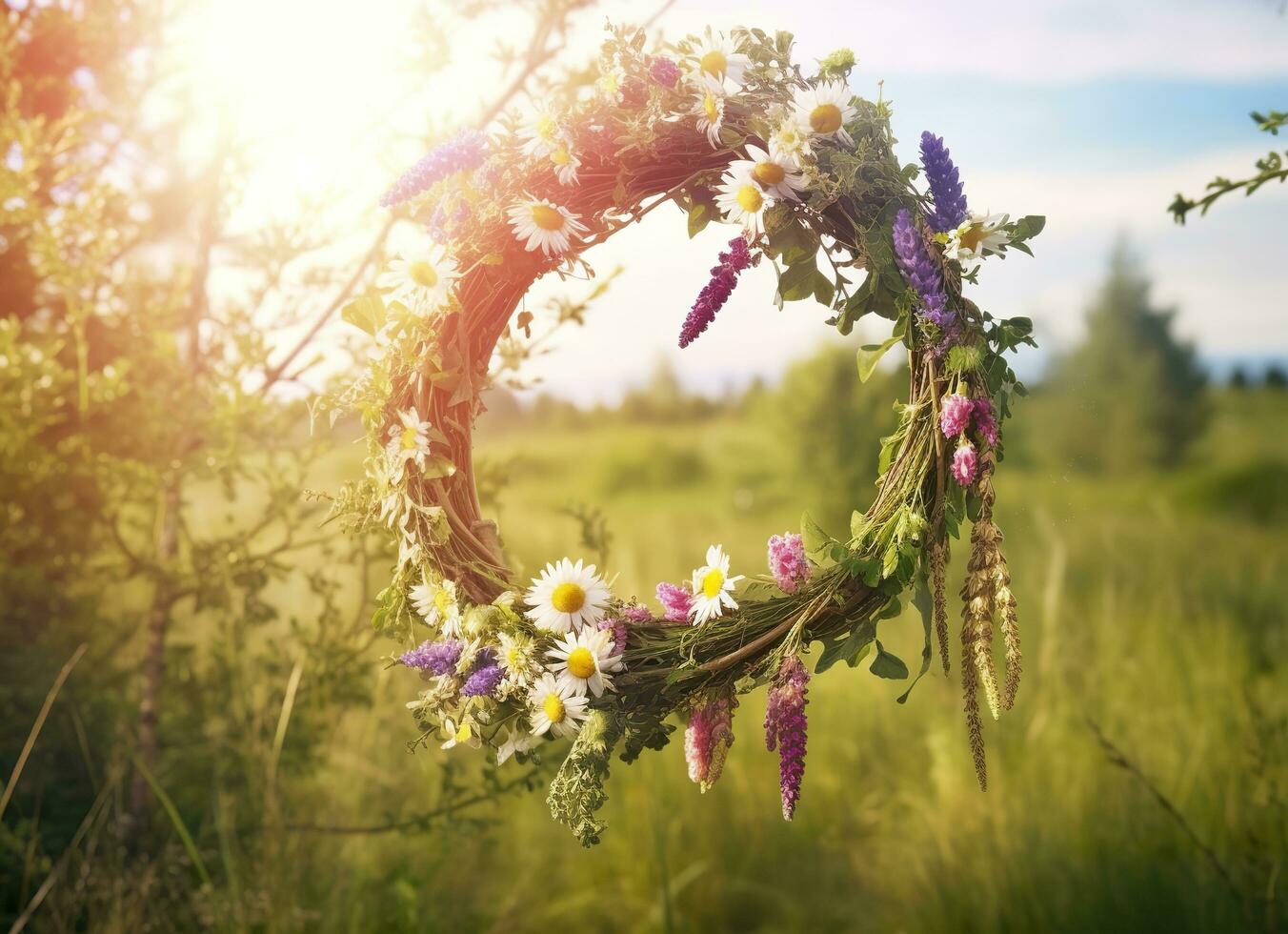 AI generated Rustic wildflowers wreath on a sunny meadow. Summer Solstice Day, Midsummer concept. Generative AI photo