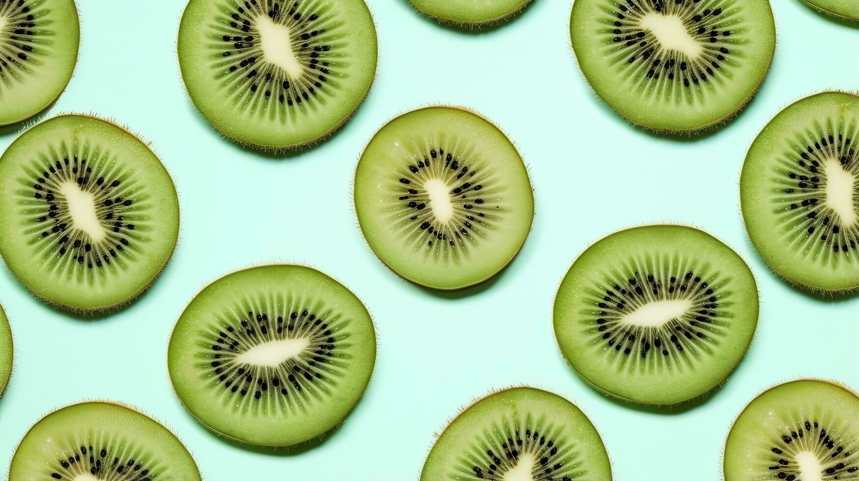 AI generated Slices of kiwi fruit and green mint leaves on a light pastel blue background. AI Generated photo