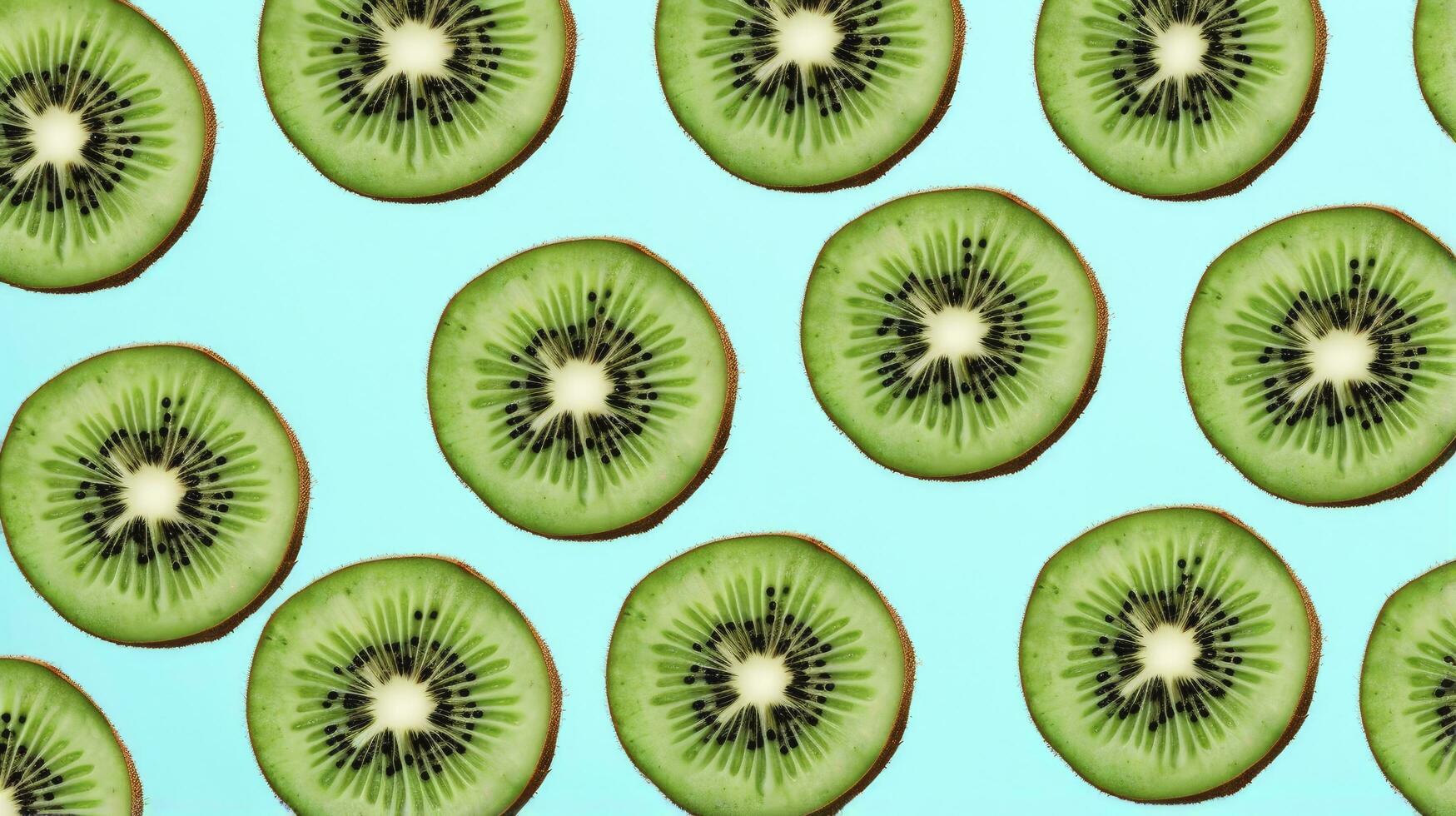 AI generated Slices of kiwi fruit and green mint leaves on a light pastel blue background. AI Generated photo