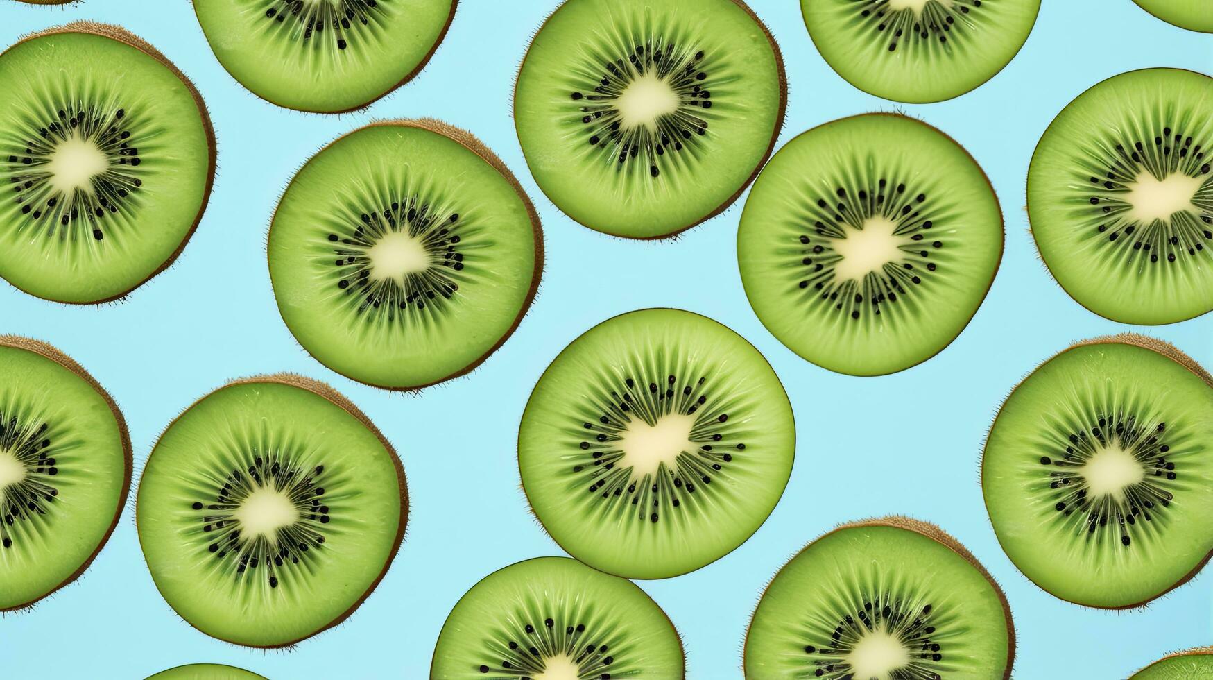 AI generated Slices of kiwi fruit and green mint leaves on a light pastel blue background. AI Generated photo