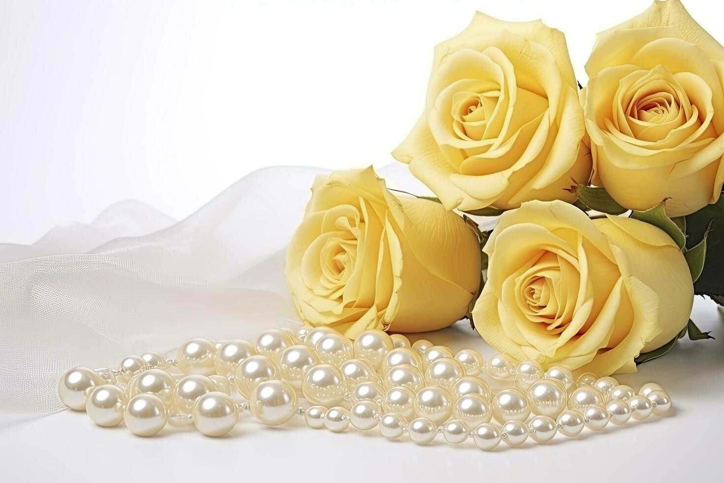 AI generated Yellow roses bouquet and pearls,in white background. AI Generated photo