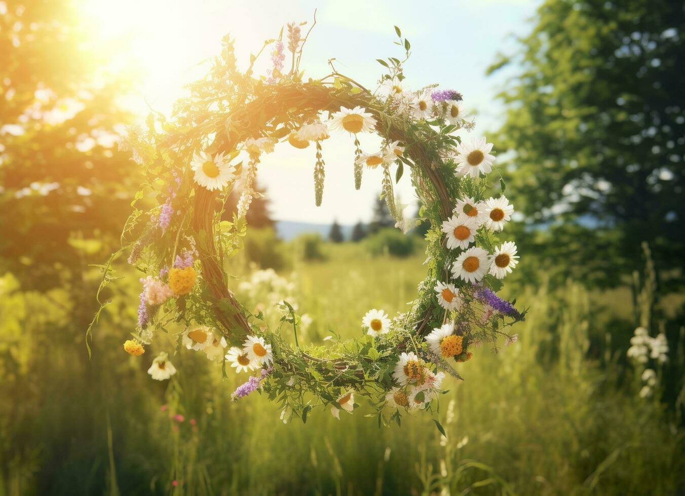 AI generated Rustic wildflowers wreath on a sunny meadow. Summer Solstice Day, Midsummer concept. Generative AI photo