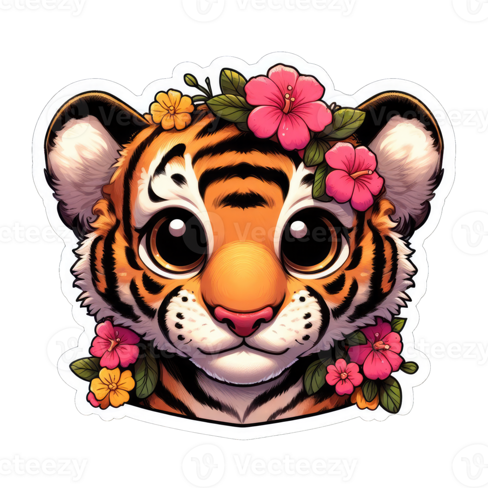 ai généré tigre lionceau dans une floral cadre, autocollant png