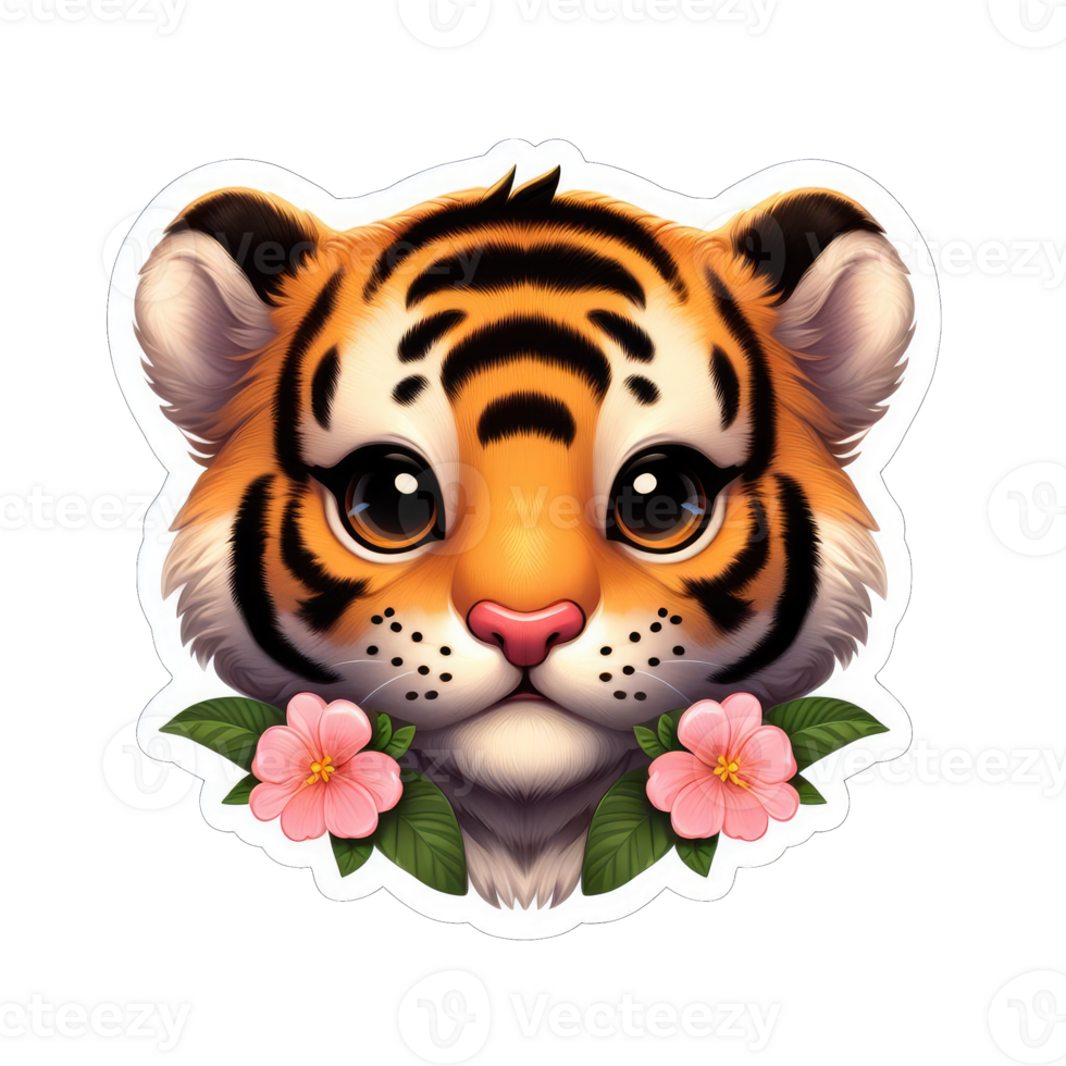 ai généré tigre lionceau dans une floral cadre, autocollant png