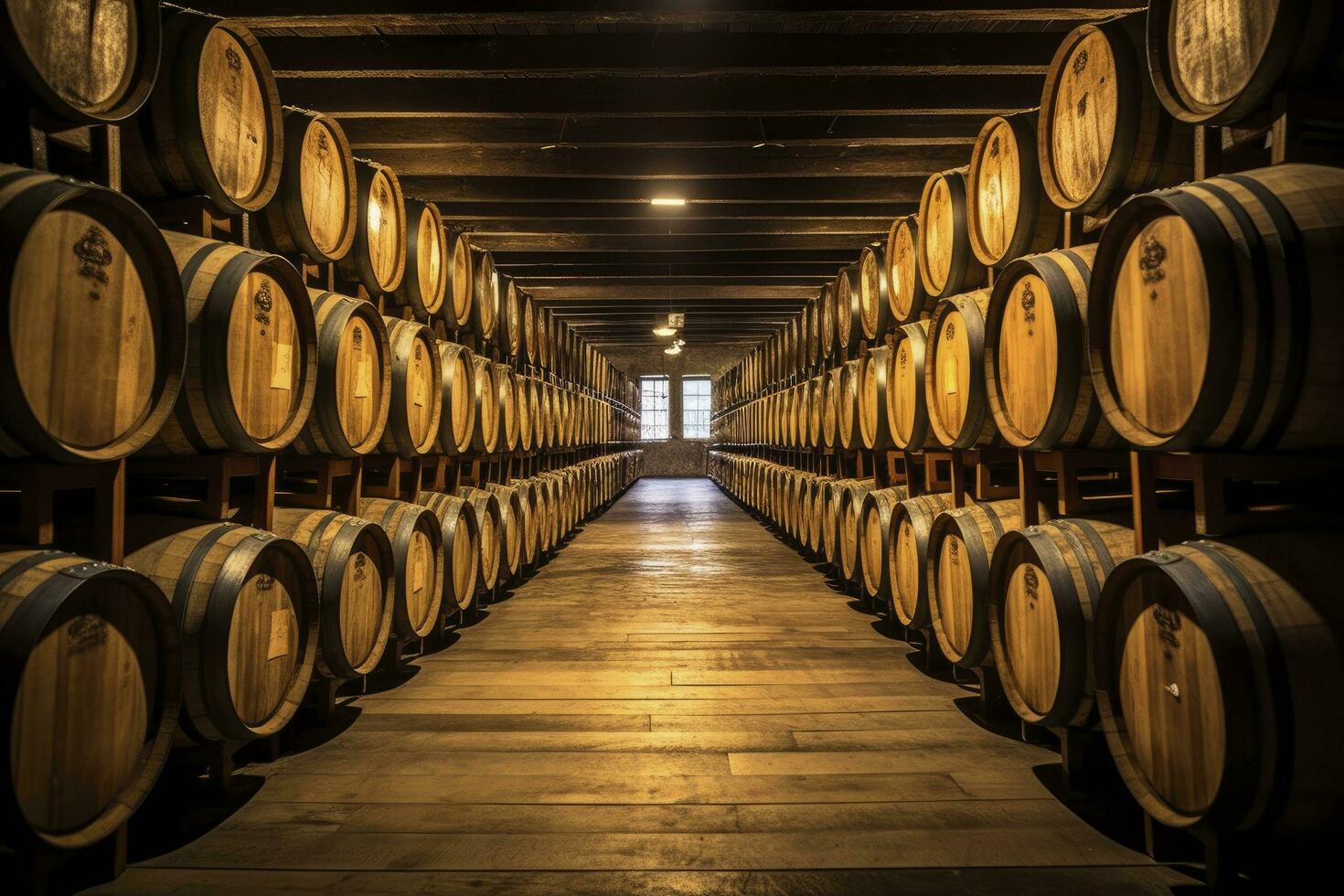 AI generated Wooden oak Port barrels in neat rows. AI Generated photo