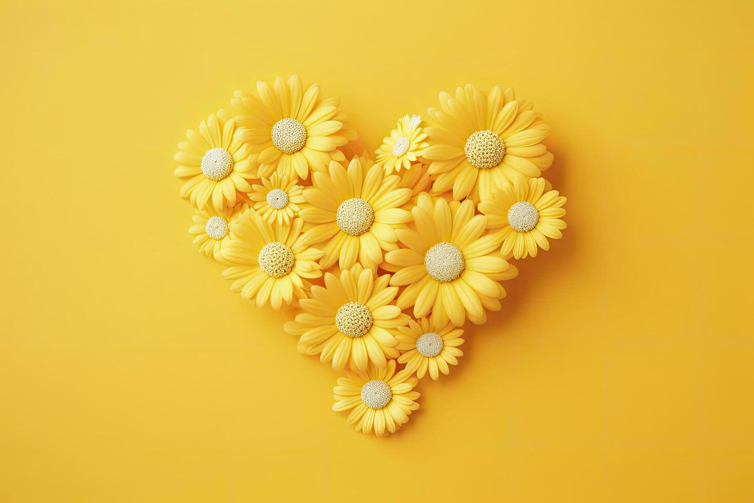 AI generated Yellow Heart Shaped By Yellow Daisies Over Yellow Background. AI Generated photo