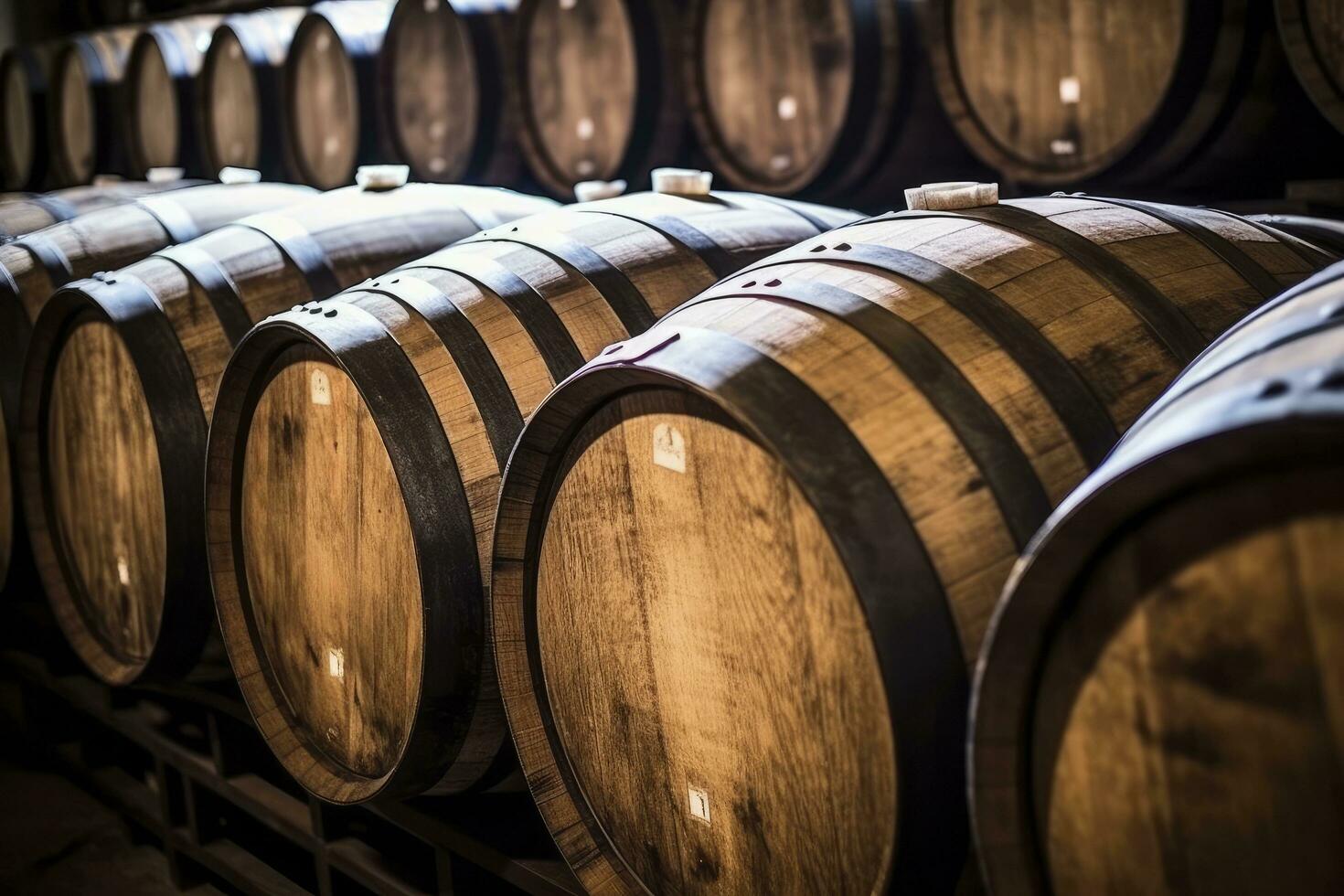 AI generated Wooden oak Port barrels in neat rows. AI Generated photo