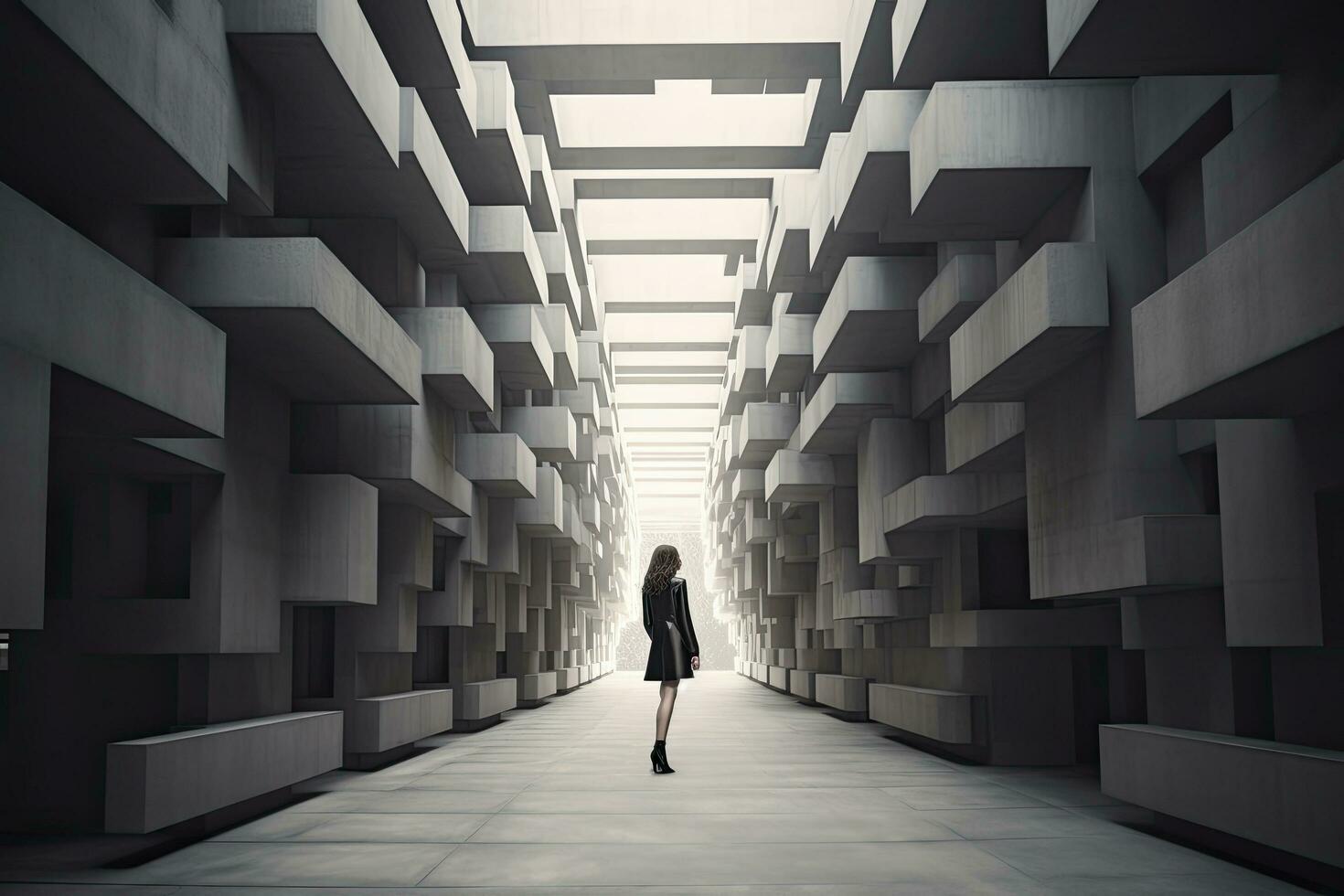 AI generated Woman walking in futuristic brutalist city street.  AI Generated. photo