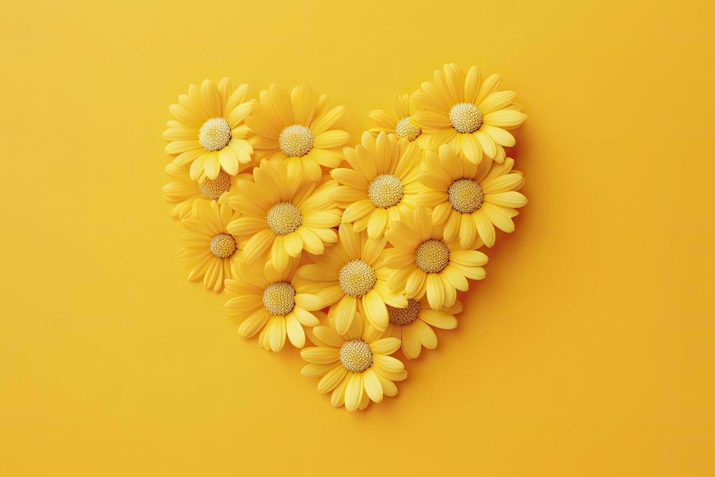 AI generated Yellow Heart Shaped By Yellow Daisies Over Yellow Background. AI Generated photo