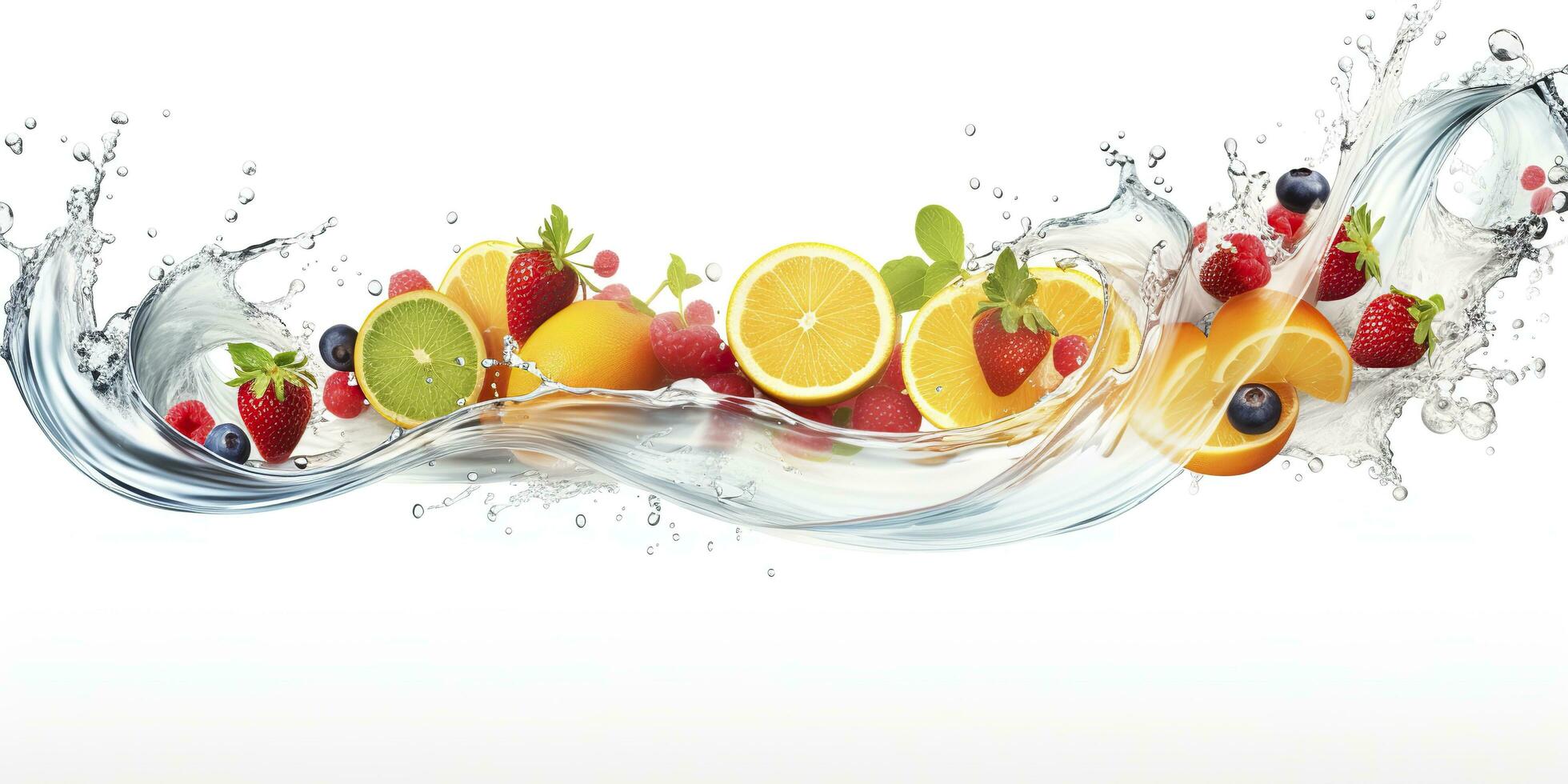 AI generated Swirl water splash with fruits. liquid flow with ice cubes and a mix of fresh fruits. Generative AI photo