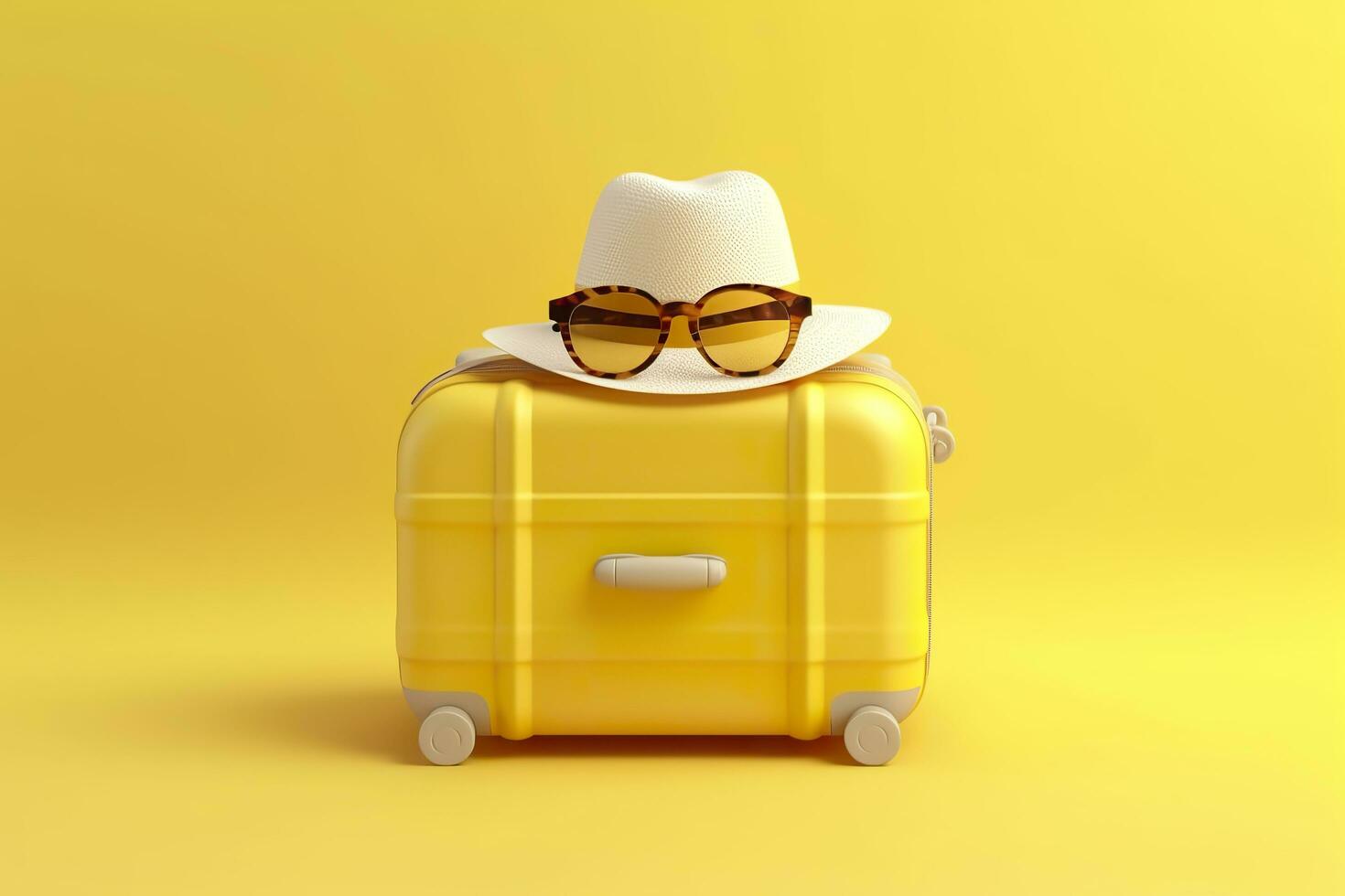 AI generated Yellow suitcase with sun glasses and hat on yellow background. travel concept. Generative AI photo