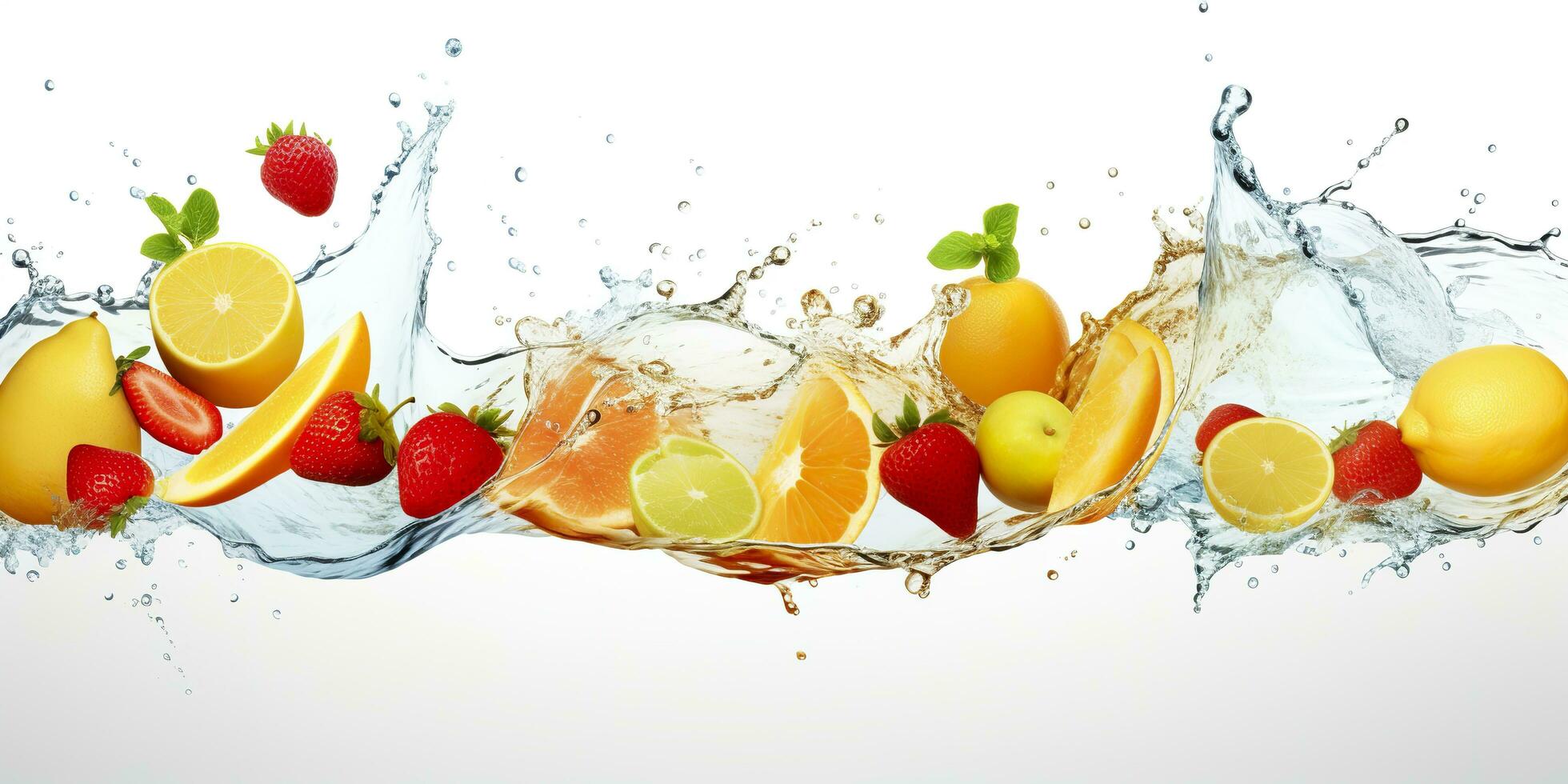 AI generated Swirl water splash with fruits. liquid flow with ice cubes and a mix of fresh fruits. Generative AI photo