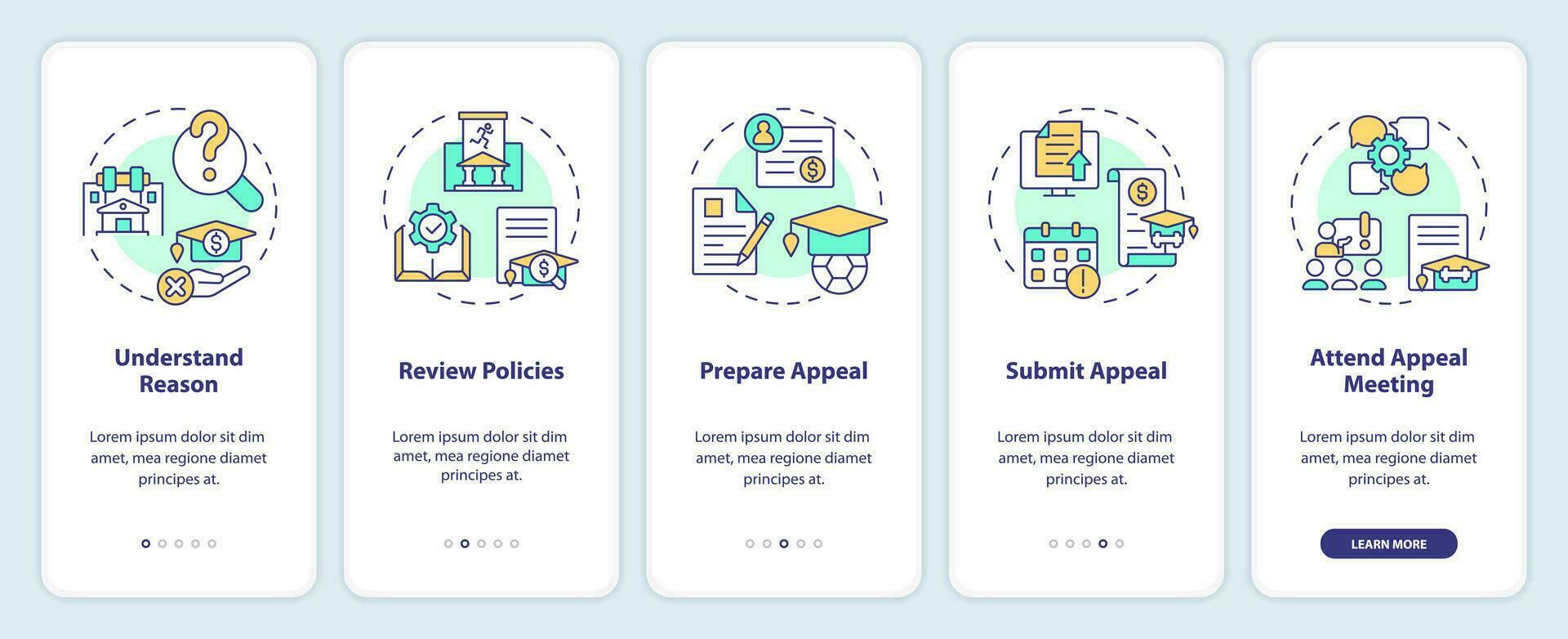 2D icons representing athletic scholarship mobile app screen set. Walkthrough 5 steps colorful graphic instructions with linear icons concept, UI, UX, GUI template. vector