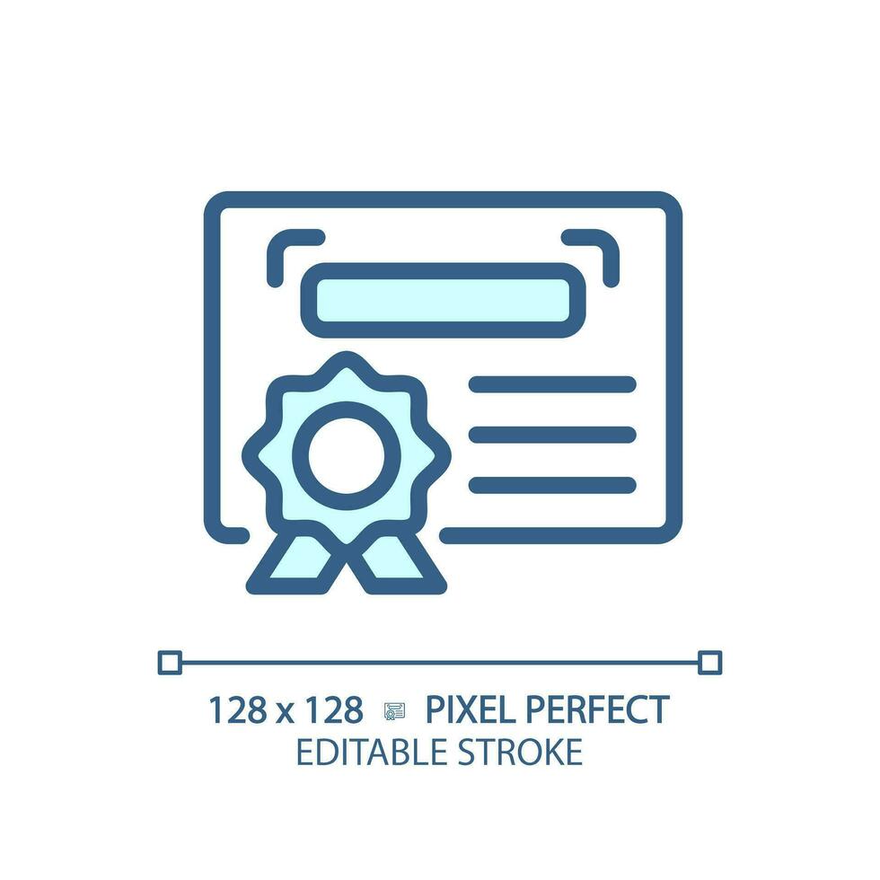 2D pixel perfect editable blue diploma icon, isolated vector, thin line document illustration. vector