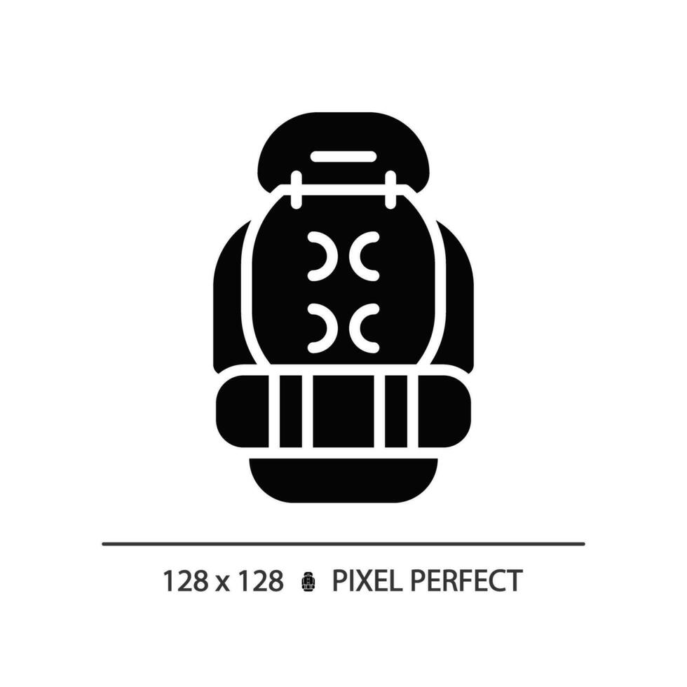 2d píxel Perfecto glifo estilo mochila icono, aislado vector, excursionismo engranaje silueta ilustración. vector