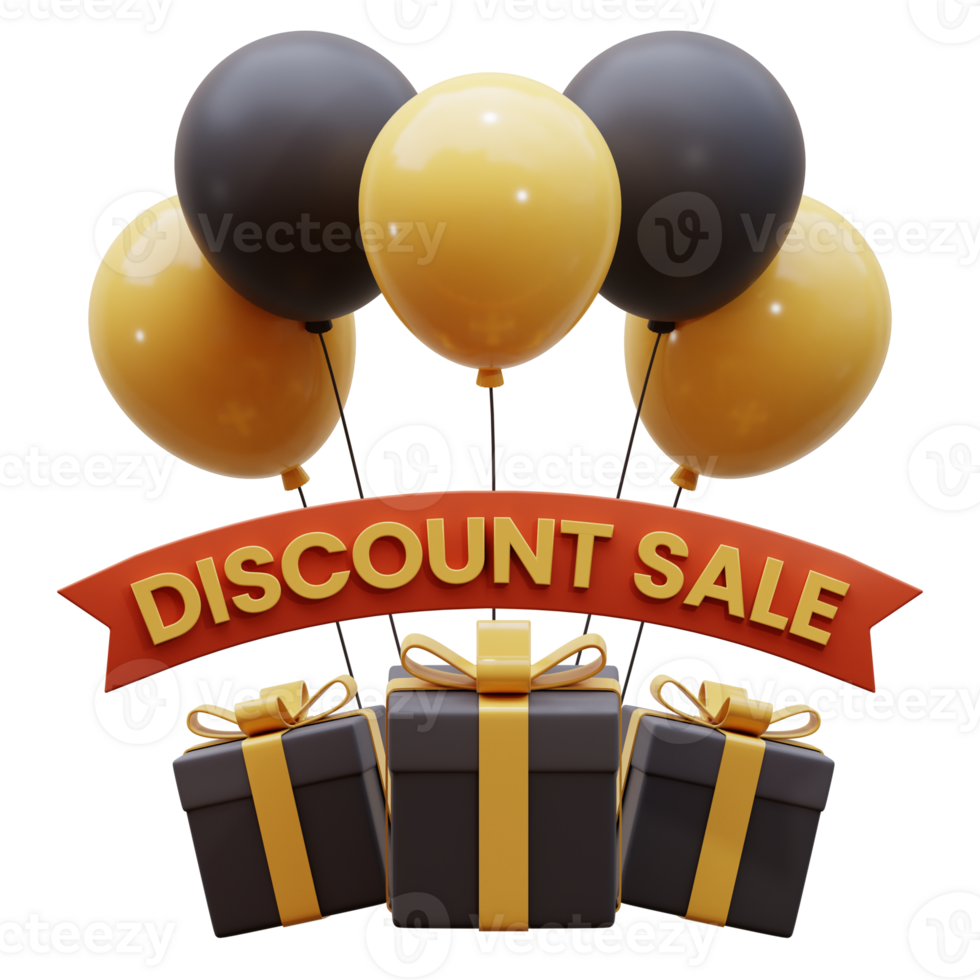 3D render Gift box with balloons. 3D icon render of discount sale with package and balloons. 3D gift box with balloons isolated. png