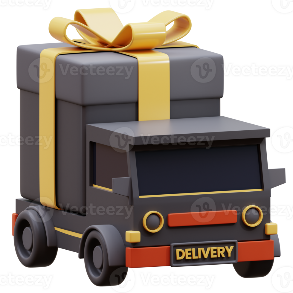 truck with gift box 3d illustration. 3D render car delivery isolated. 3d gift on truck. png