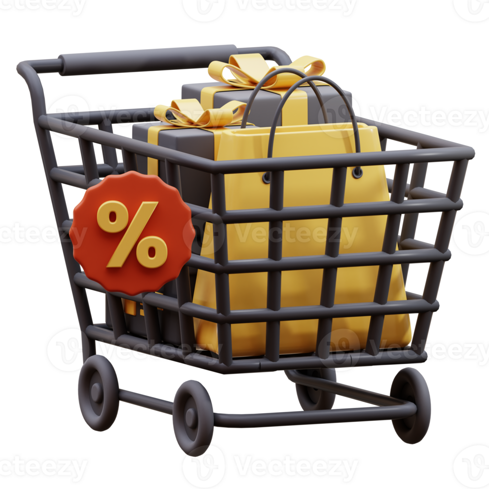 3D icon shopping cart with shopping bag and gift box. 3D render of Shopping Trolley with Parcel boxes. shopping cart with paper bag, gift boxes and shopping bags isolated. png