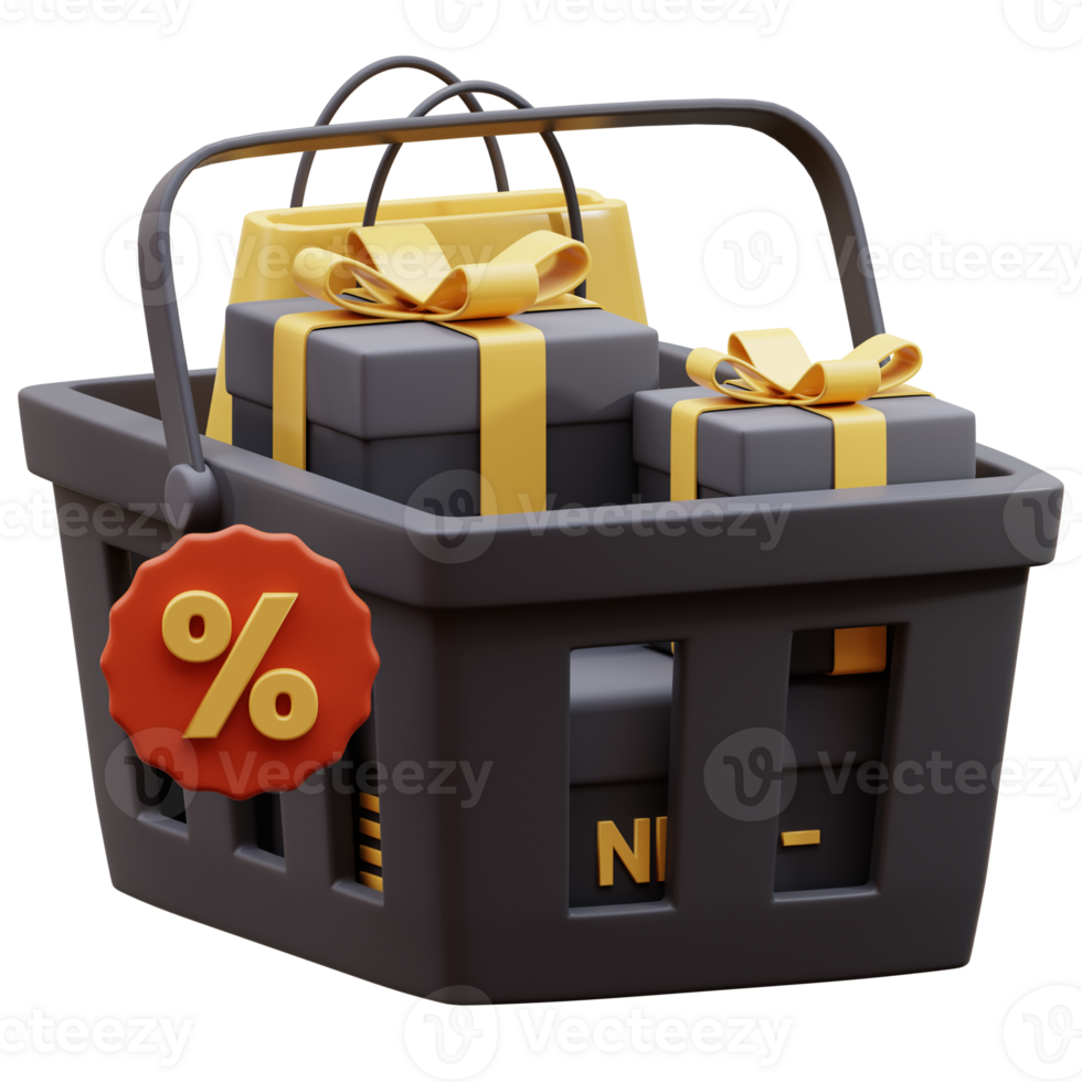 3D render of shopping basket with gift box. 3D render of shopping basket isolated. Realistic shopping carts isolated. Parcel boxes 3d render. Shopping basket 3D icon. png
